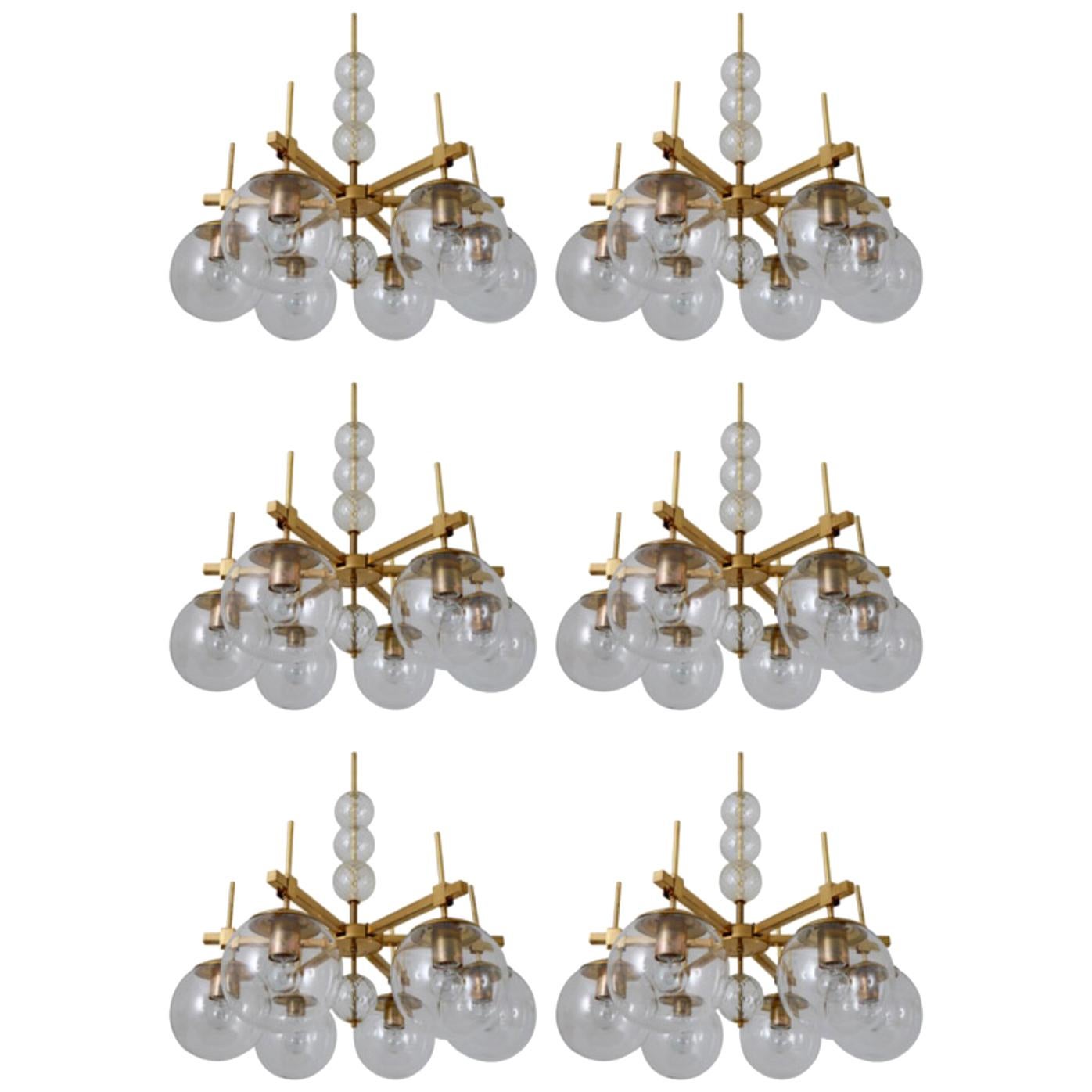 Six Midcentury Chandeliers with Brass Fixture and Hand-Blown Glass, Europe
