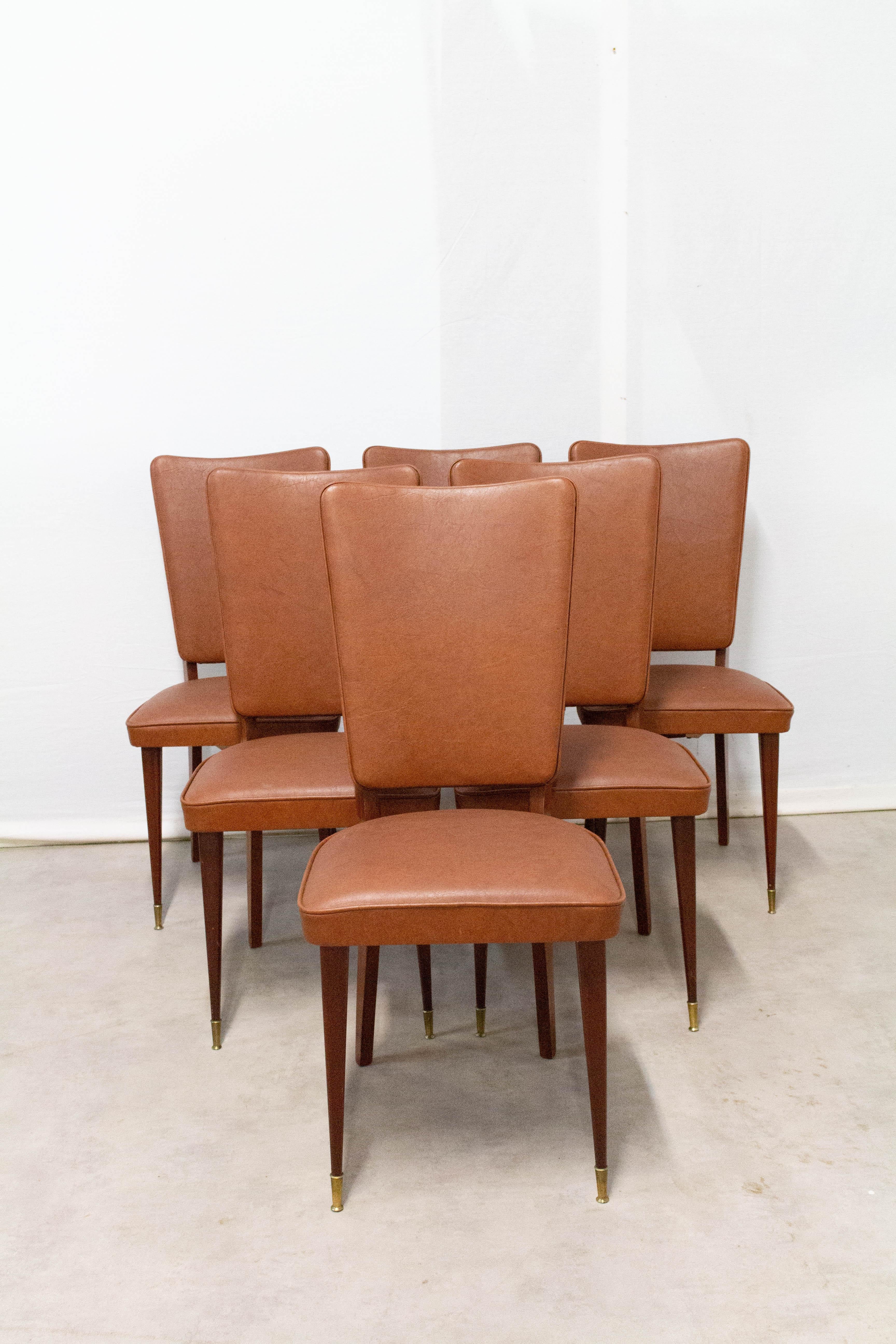 Six Midcentury Dining Chairs Brown Skai and Iroko Wood French, circa 1960 For Sale 7