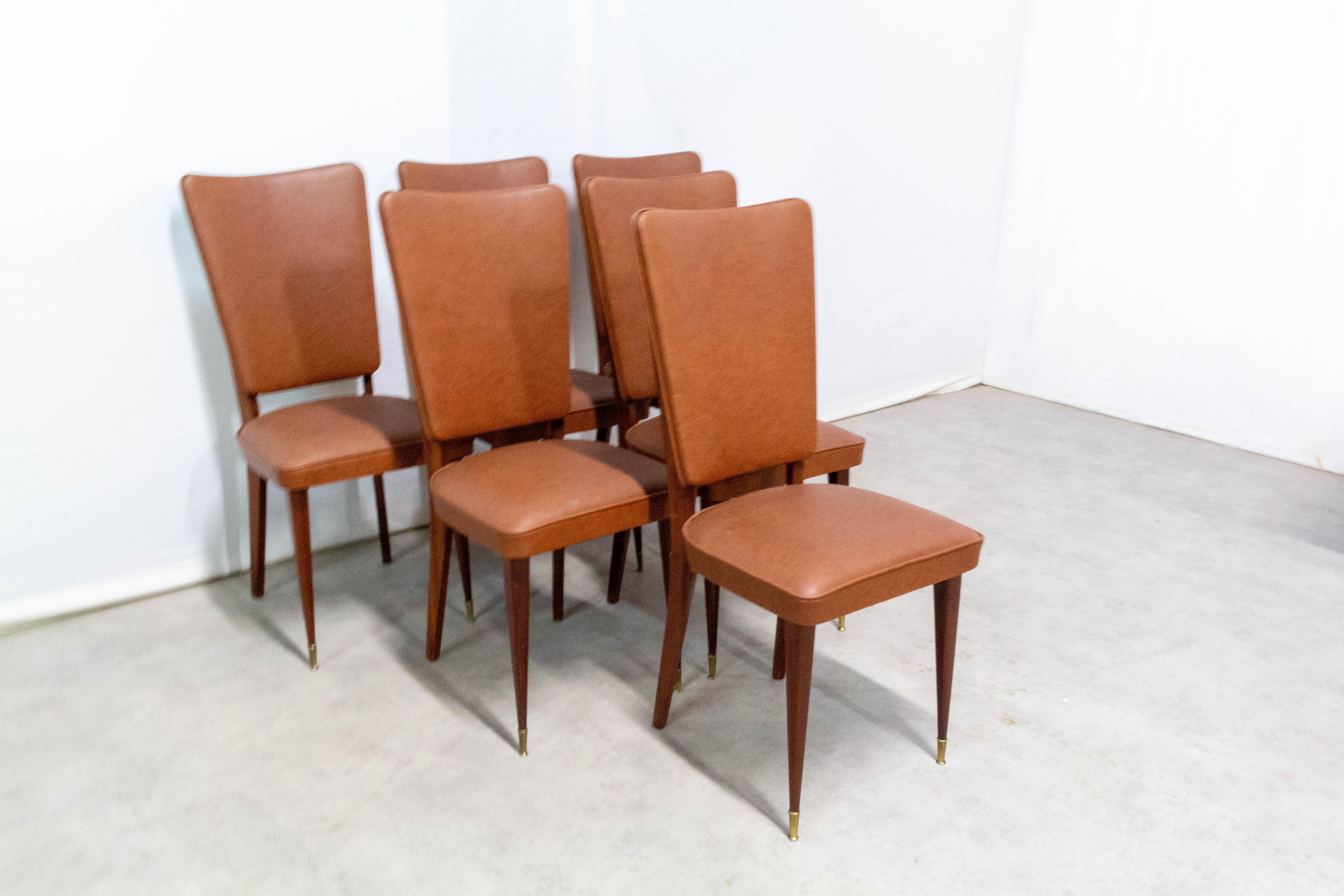 Six Midcentury Dining Chairs Brown Skai and Iroko Wood French, circa 1960 For Sale 8