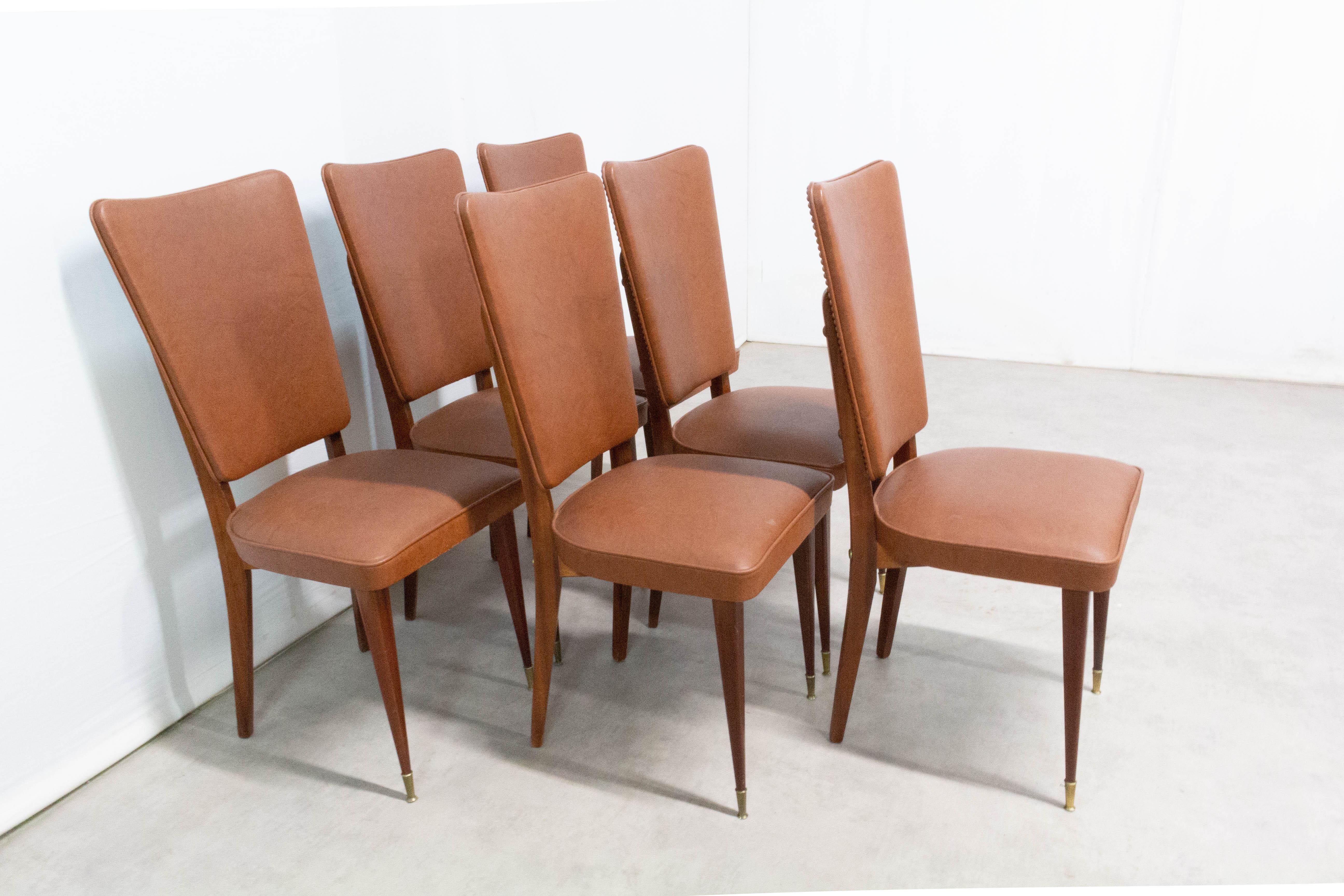 Six Midcentury Dining Chairs Brown Skai and Iroko Wood French, circa 1960 For Sale 9