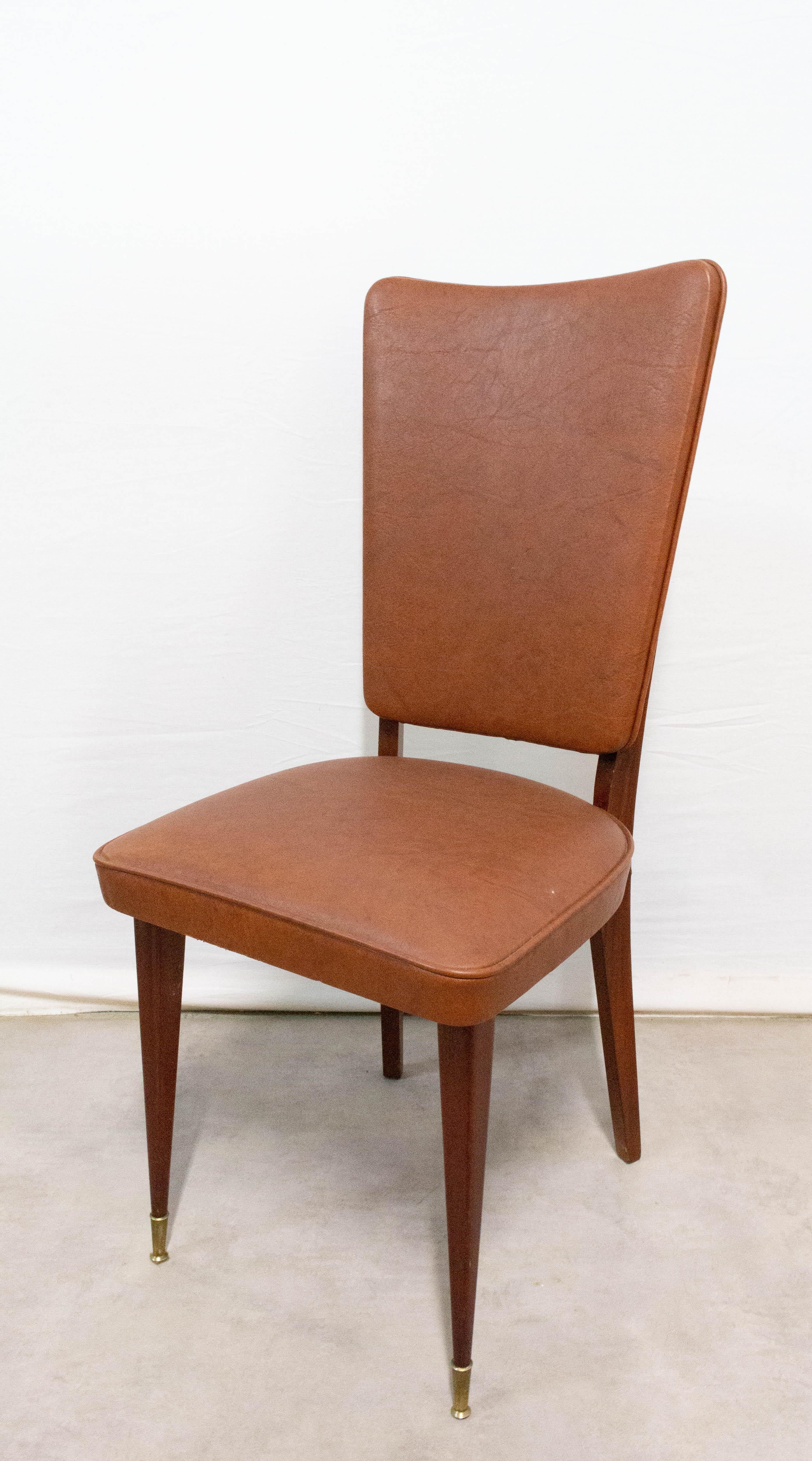 Mid-Century Modern Six Midcentury Dining Chairs Brown Skai and Iroko Wood French, circa 1960 For Sale