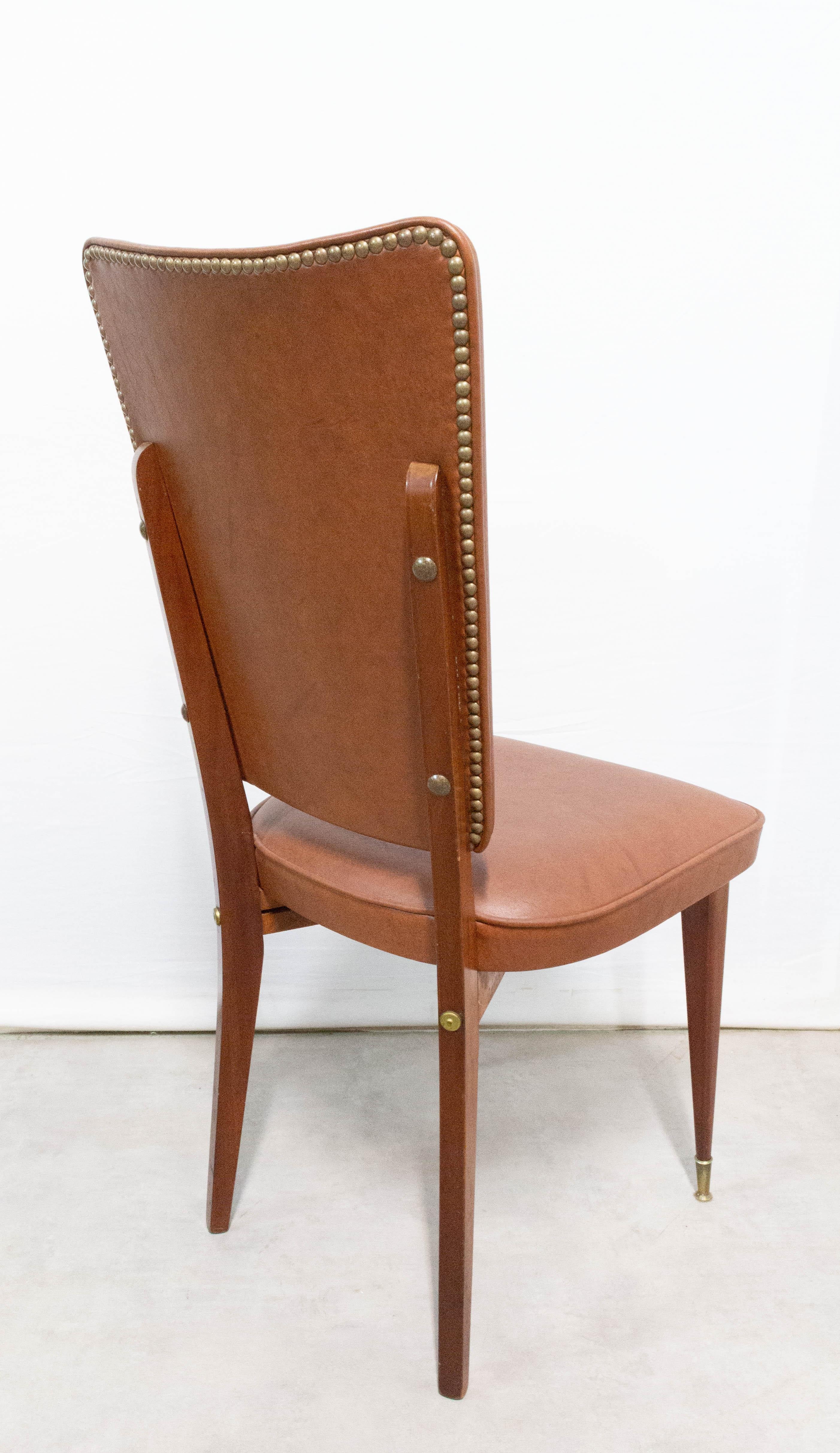 Six Midcentury Dining Chairs Brown Skai and Iroko Wood French, circa 1960 In Good Condition For Sale In Labrit, Landes