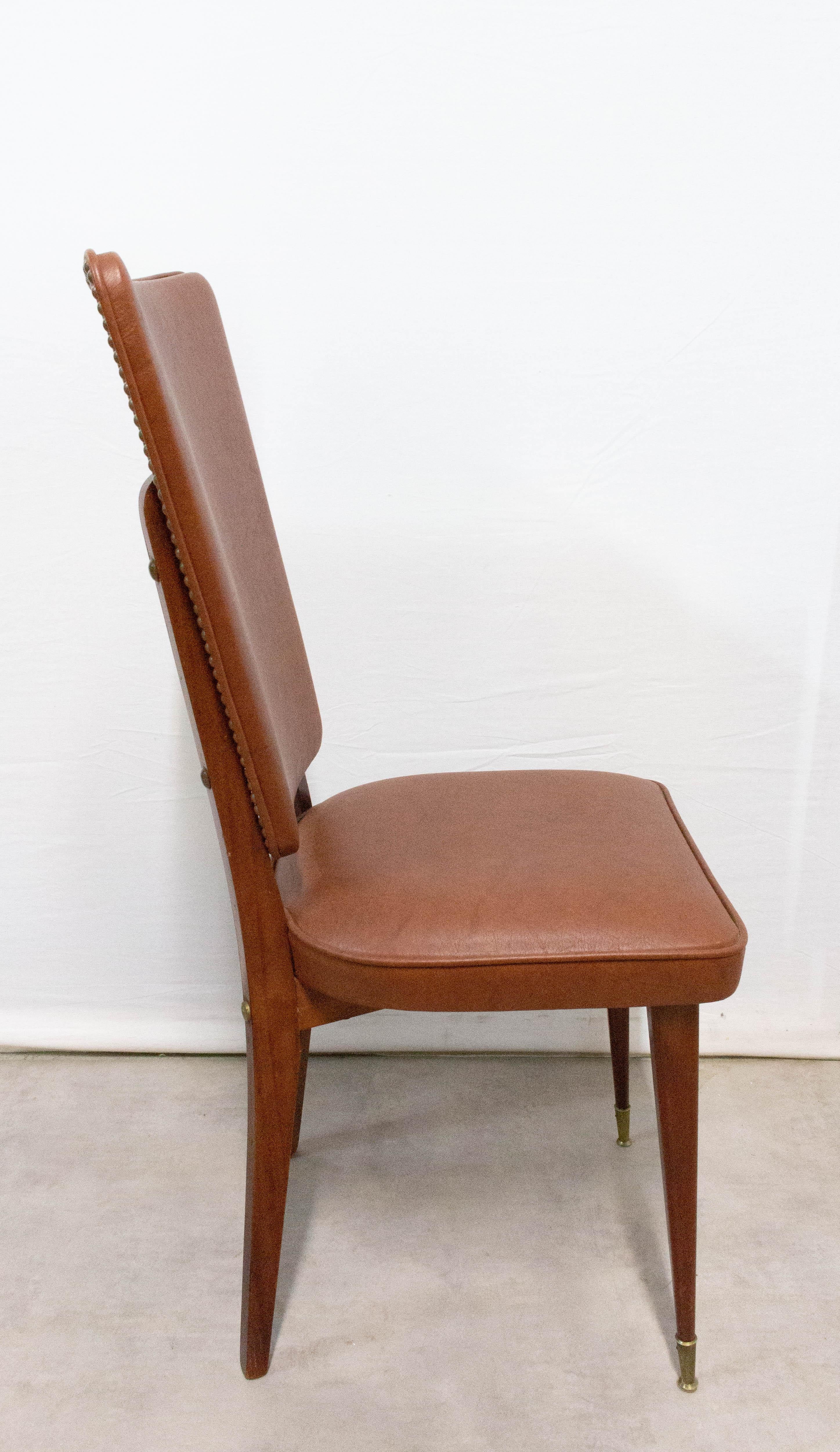 20th Century Six Midcentury Dining Chairs Brown Skai and Iroko Wood French, circa 1960 For Sale