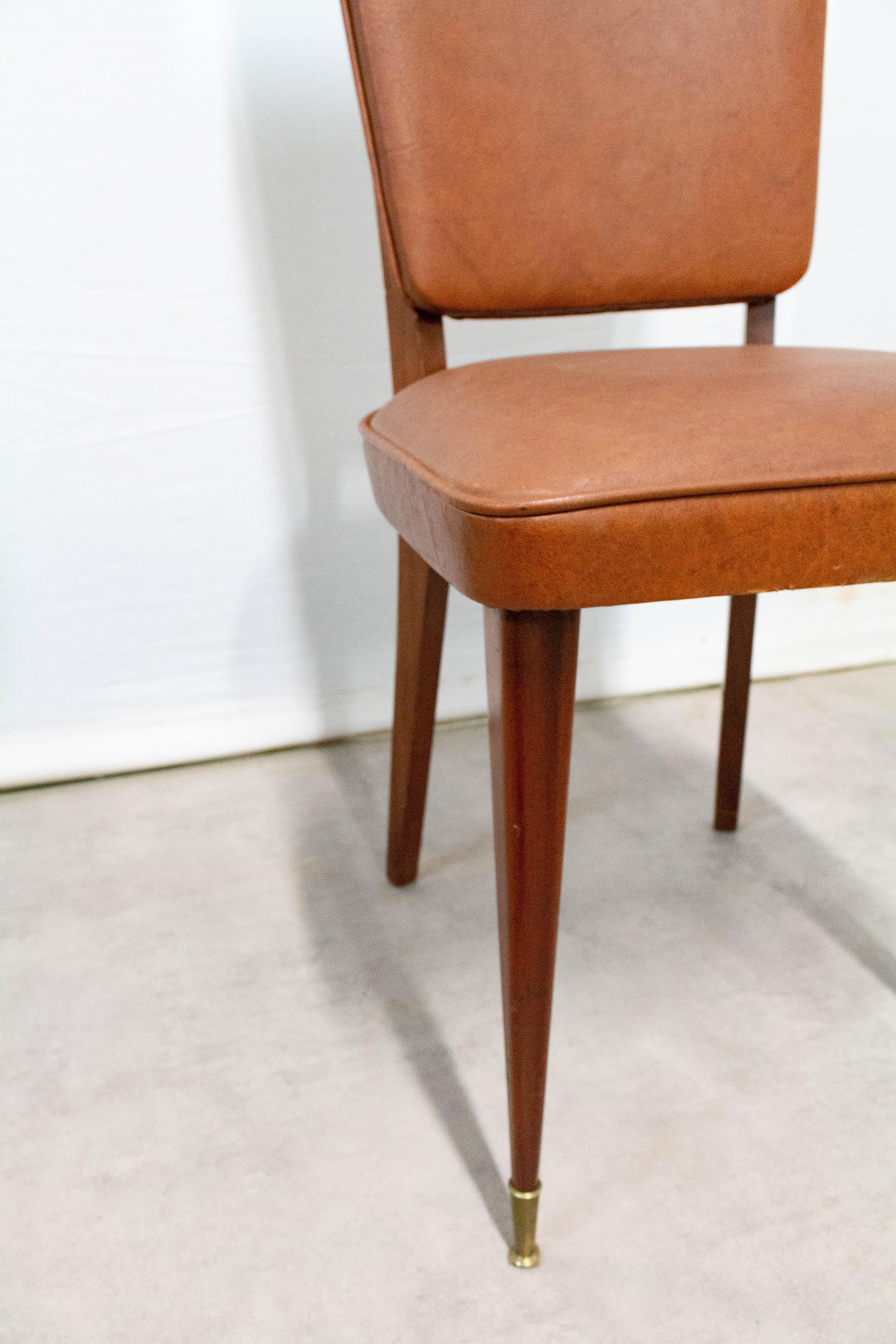Six Midcentury Dining Chairs Brown Skai and Iroko Wood French, circa 1960 For Sale 3