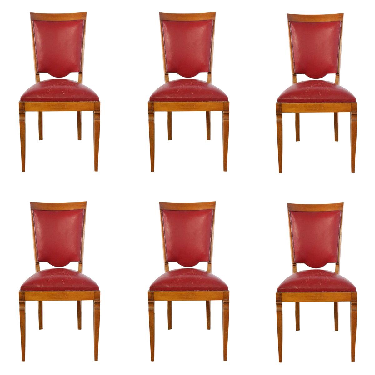 Six Midcentury Dining Chairs Red Leather French, circa 1960