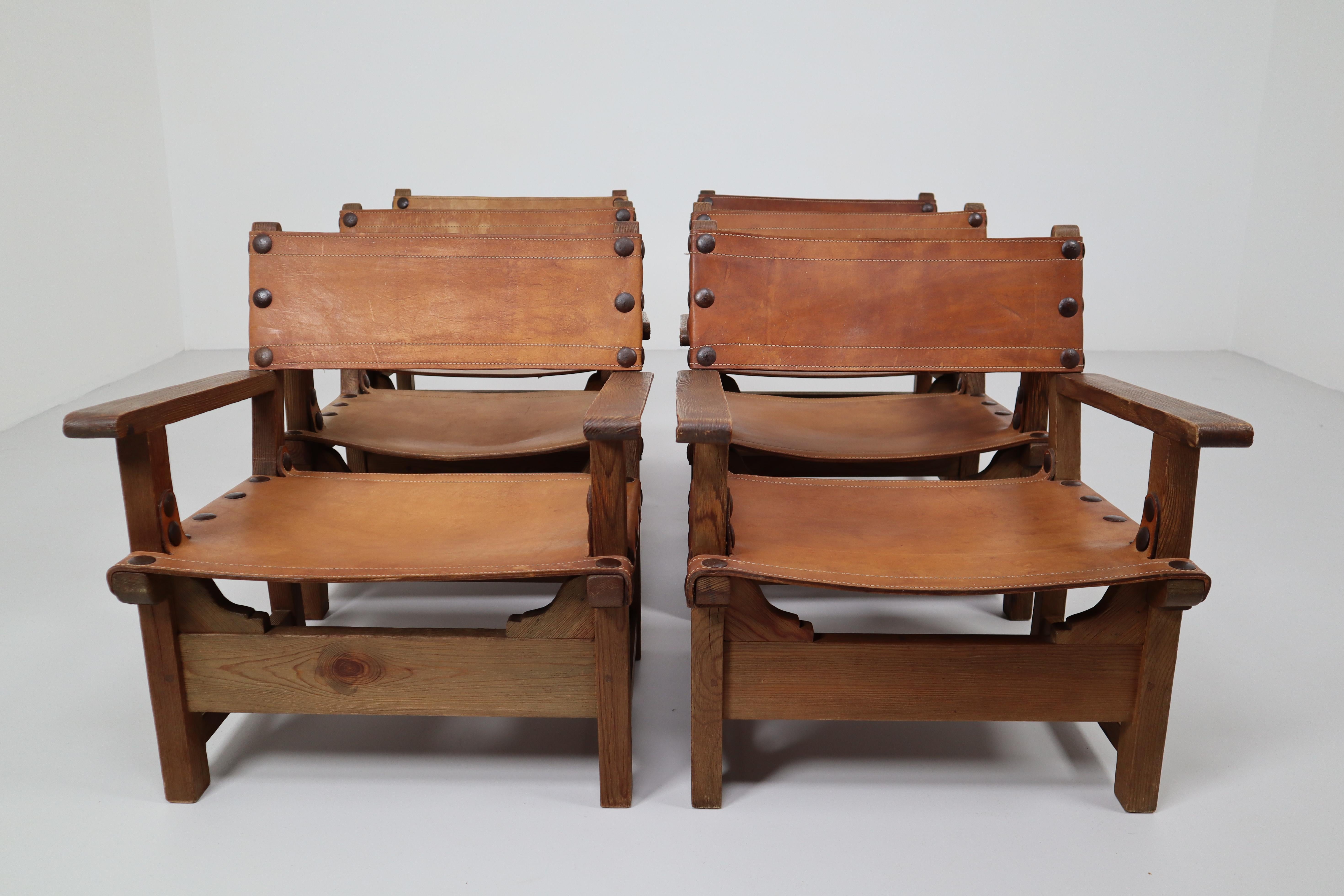 Six Midcentury French Lounge Chairs in Patinated Cognac Saddle Leather, 1950s (Französisch)
