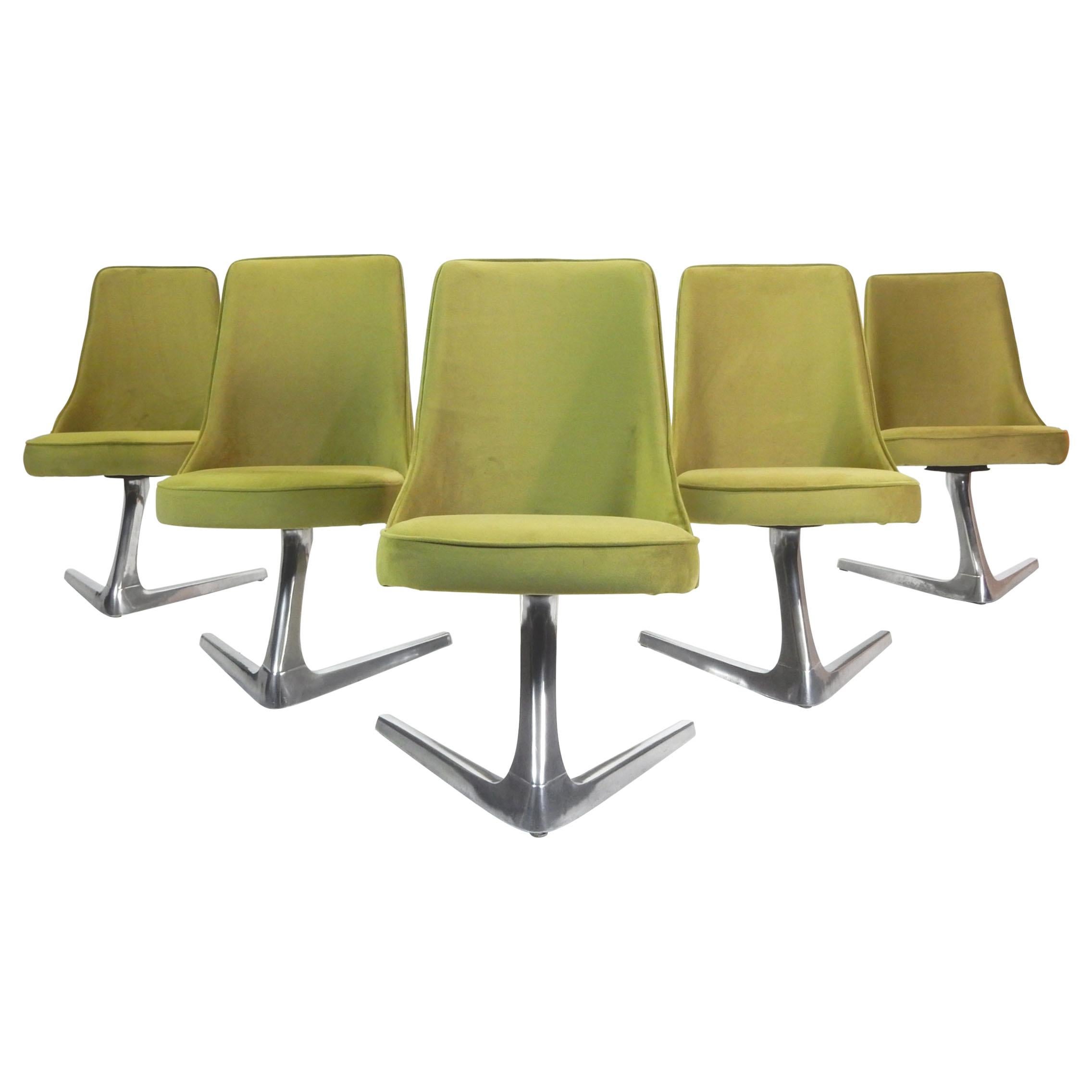 Six Mid Century Green Velvet Swivel Dining Chairs