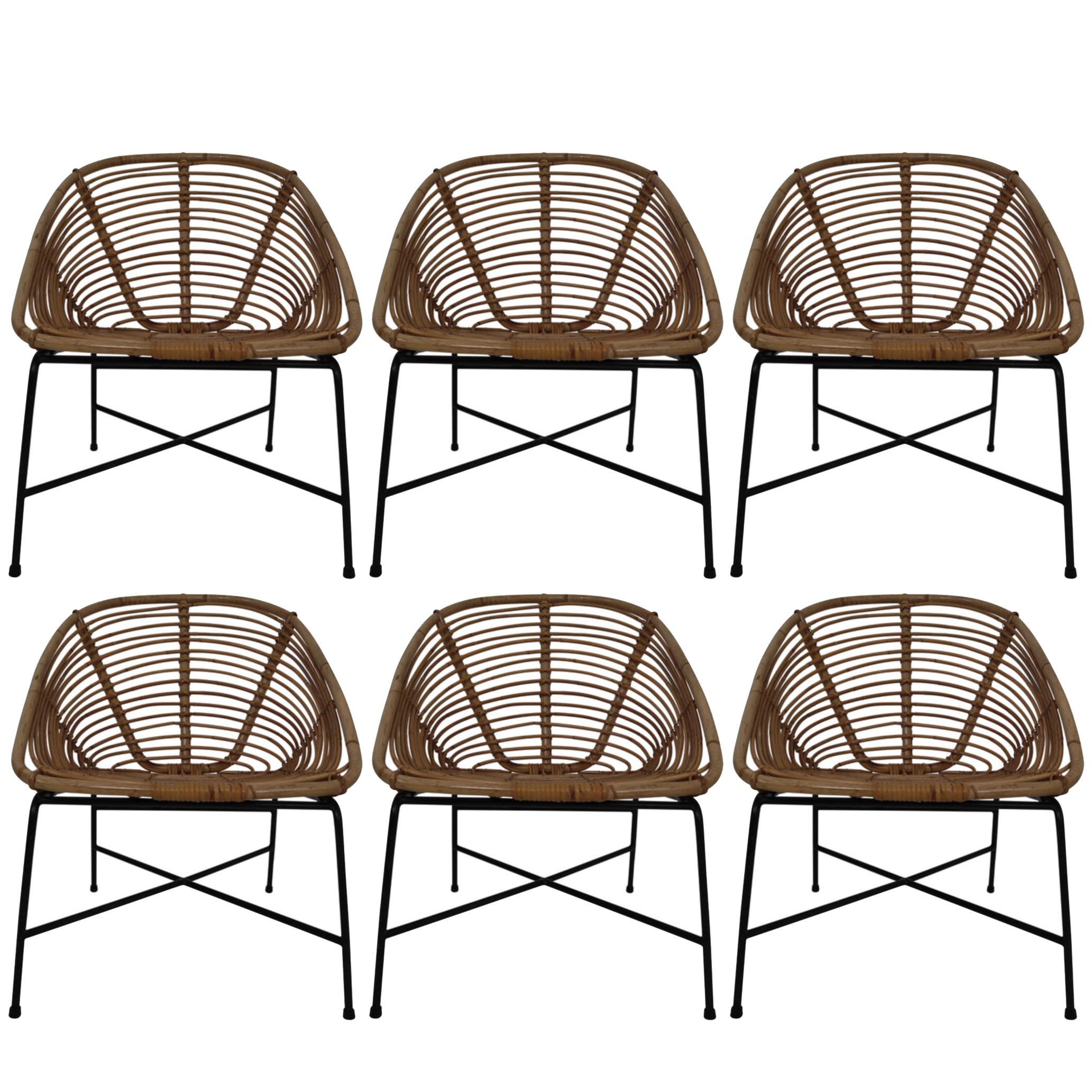Six Midcentury Rattan, Wicker and Iron Patio Chairs, Italy, 1960s