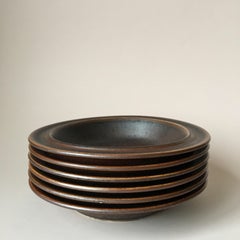 Six Midcentury Ruska Stoneware Cereal or Soup Plates from Arabia, Finland