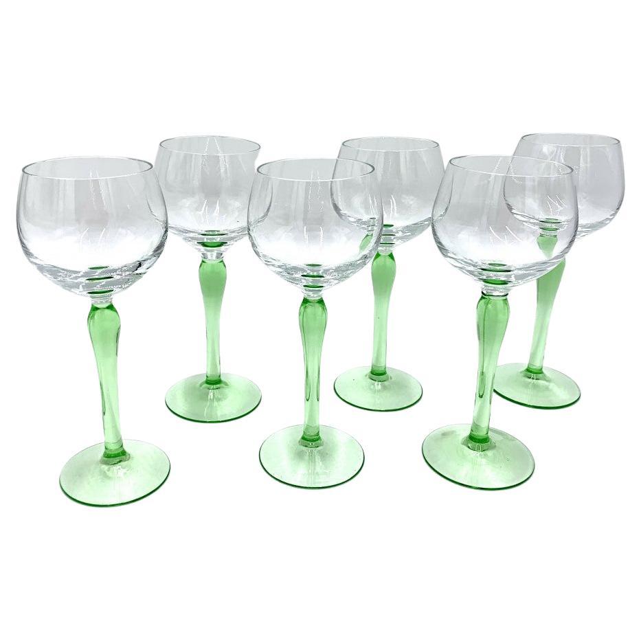 Six Midcentury Wine Glasses on Green Leg, Poland, 1960s
