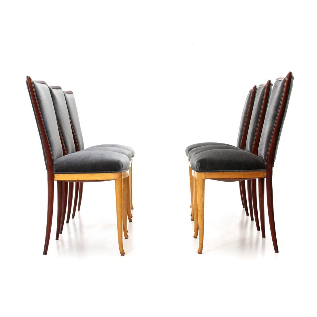 Mid-Century Modern Six Midcentury wood and velvet dining chairs, 1940s