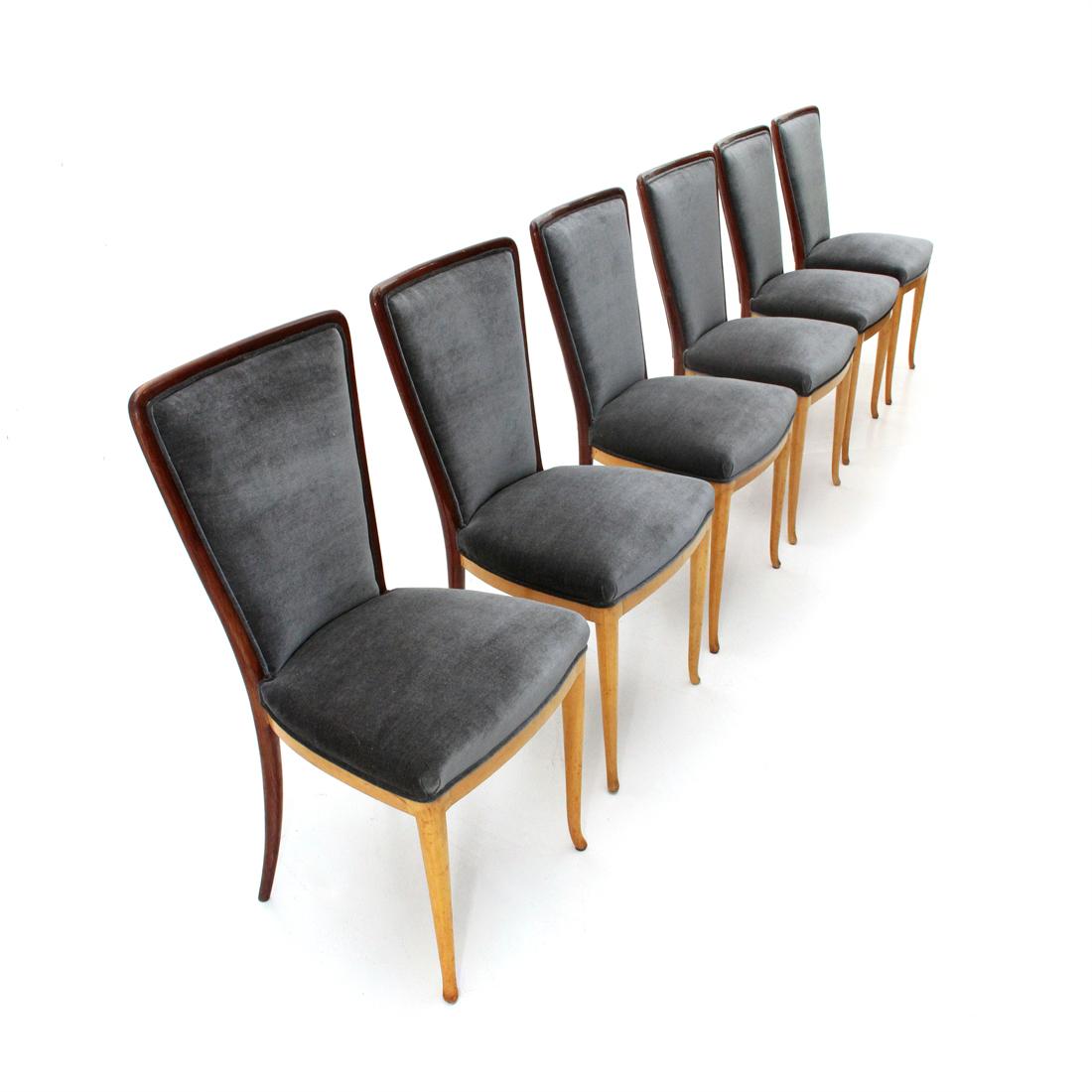Italian Six Midcentury wood and velvet dining chairs, 1940s