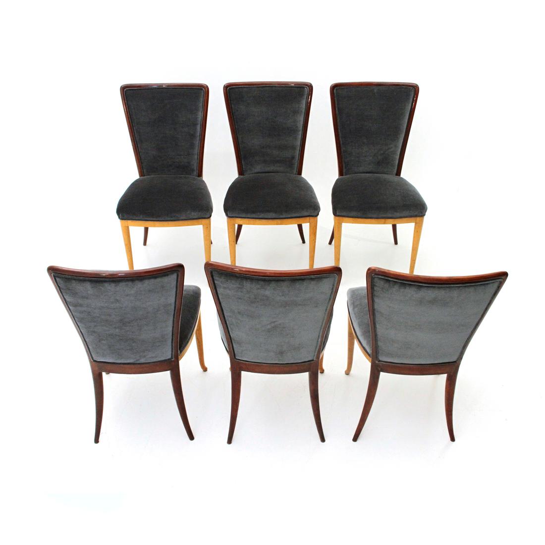 Six Midcentury wood and velvet dining chairs, 1940s In Good Condition In Savona, IT