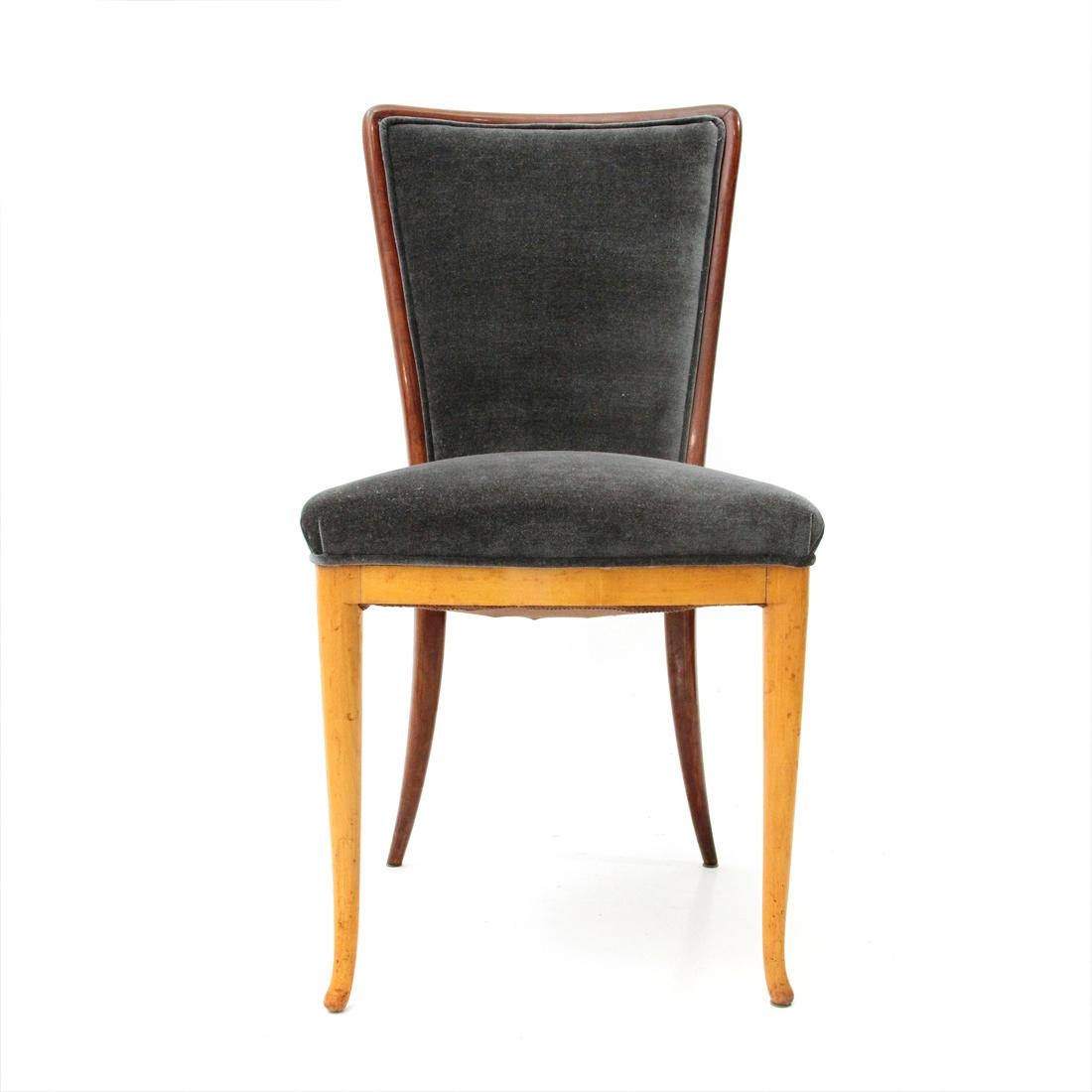 Mid-20th Century Six Midcentury wood and velvet dining chairs, 1940s
