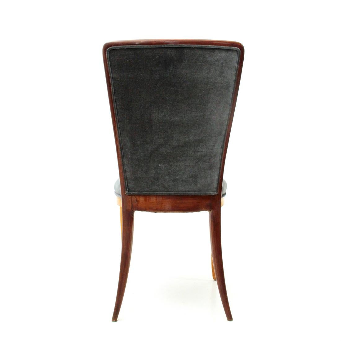 Velvet Six Midcentury wood and velvet dining chairs, 1940s