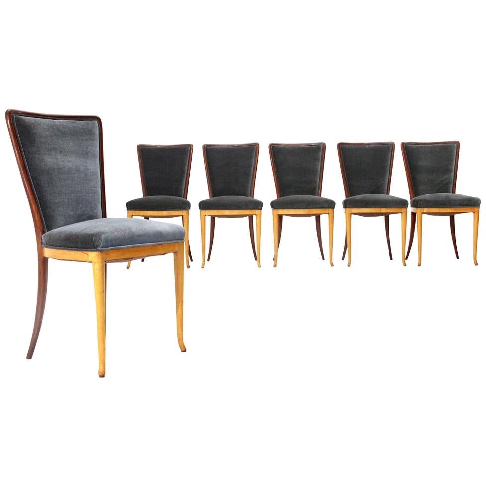 Six Midcentury wood and velvet dining chairs, 1940s