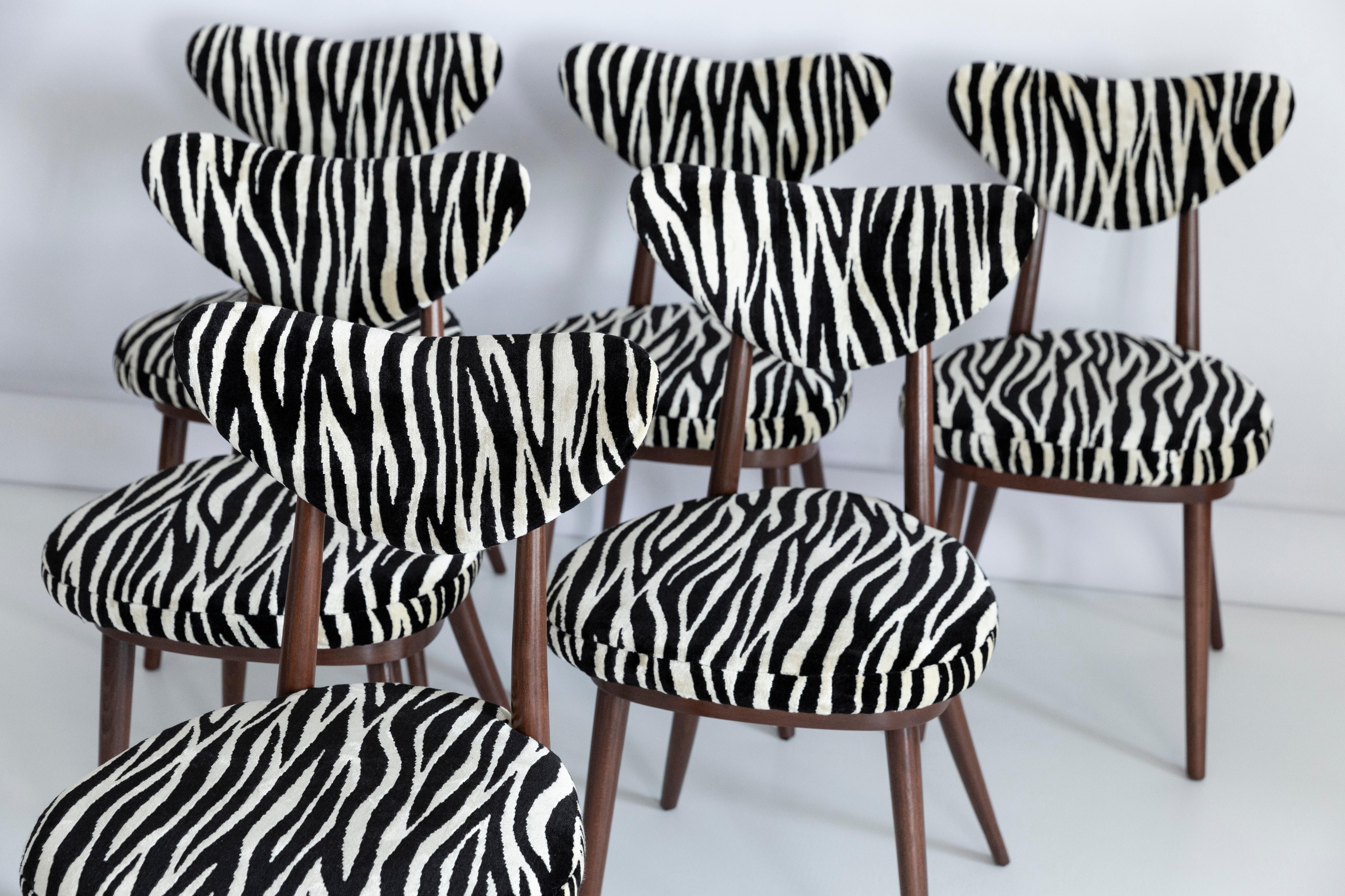 Polish Six Midcentury Zebra Black White Heart Chairs, Hollywood Regency, Poland, 1960s For Sale