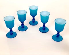Six Midcentury, Carlo Moratti Wine Goblets, in Turquoise and White Murano Glass