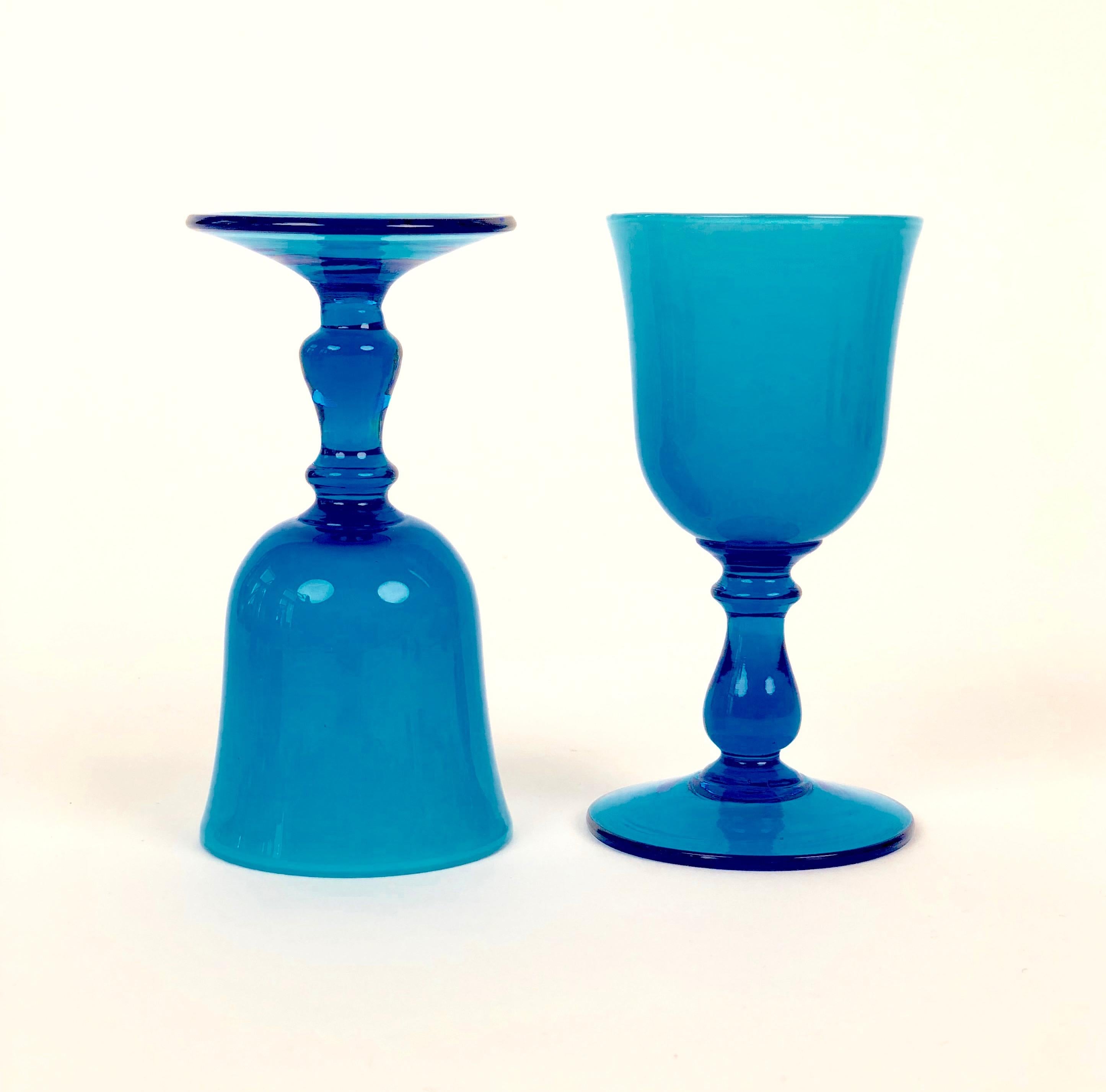 Italian Six Midcentury, Carlo Moratti Wine Goblets, in Turquoise and White Murano Glass