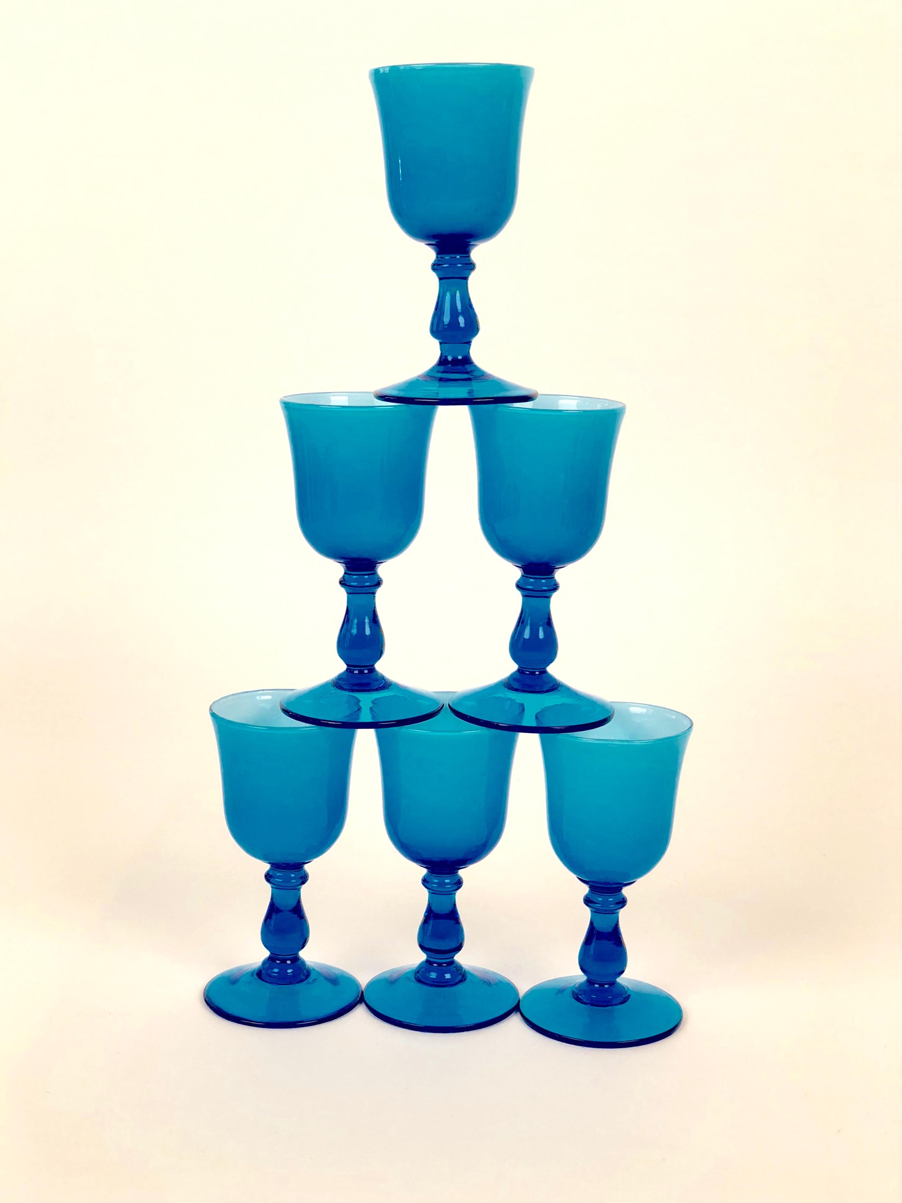 Hand-Crafted Six Midcentury, Carlo Moratti Wine Goblets, in Turquoise and White Murano Glass