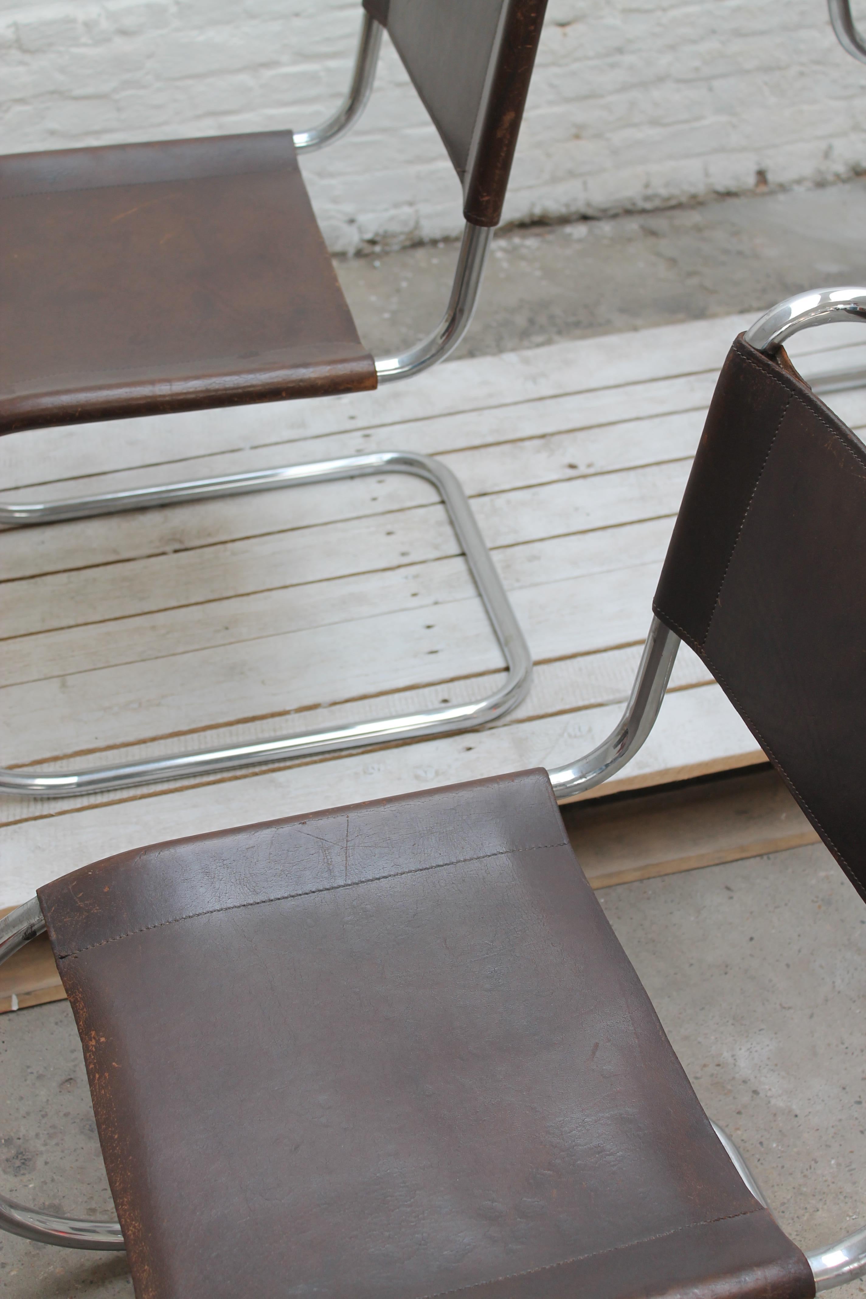 Six Mies Van De Rohe MR10 chairs in brown leather by Thonet 1960 4