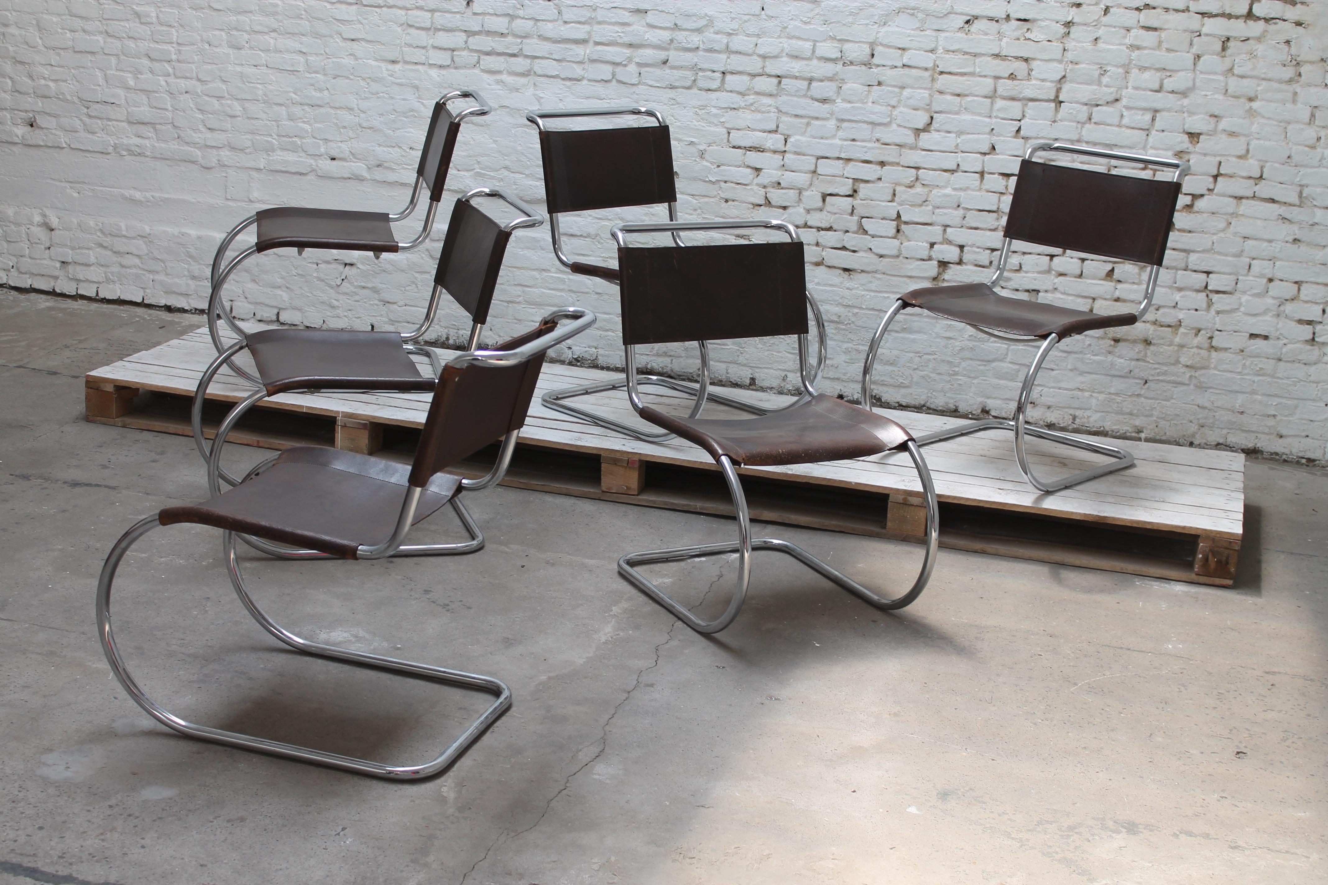 Six Mies Van De Rohe MR10 chairs in brown leather by Thonet, 1960.

Original 1960s set of six MR10 chairs in brown leather with Thonet label 
Great patina on the leather.
Some users wear.
