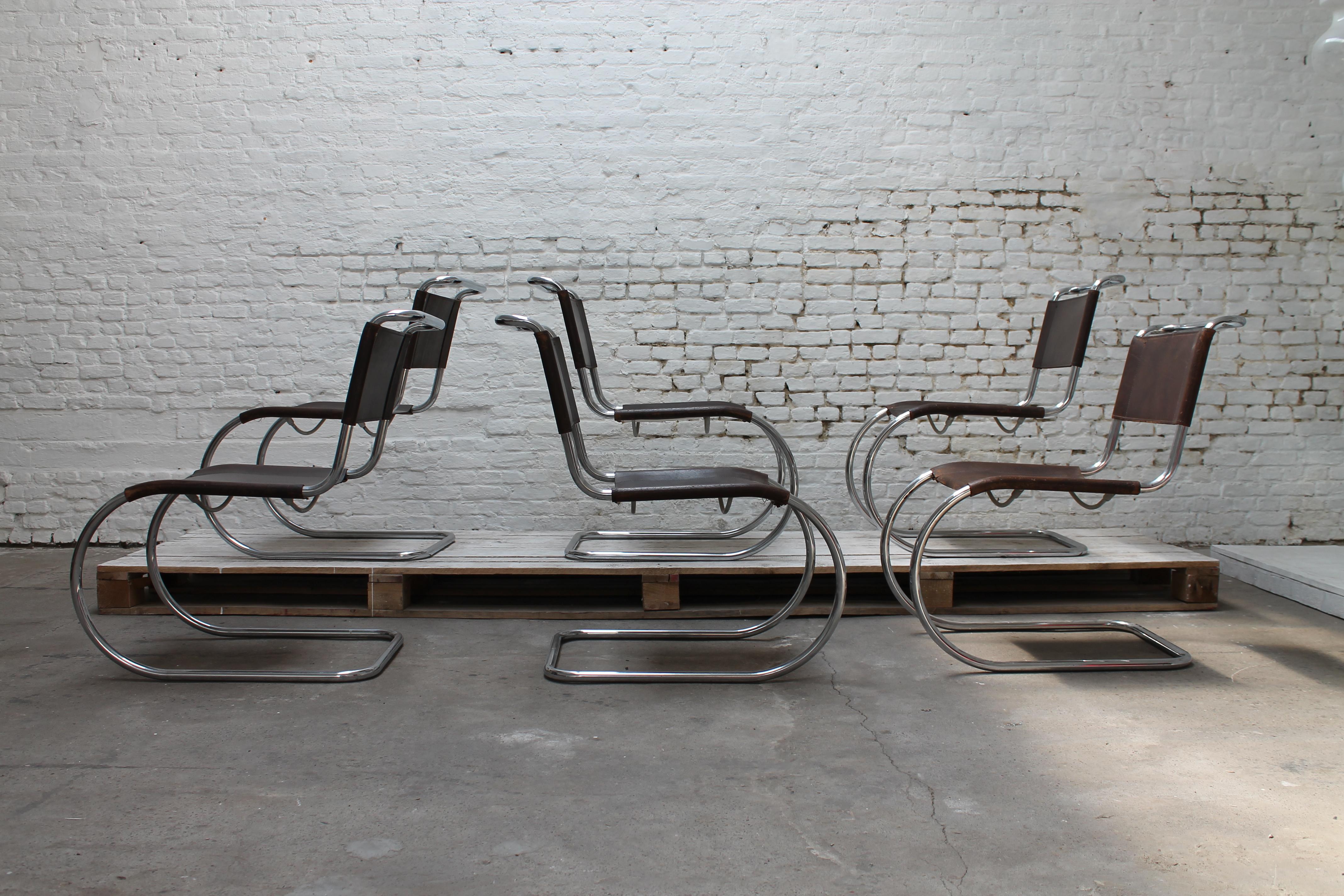 Leather Six Mies Van De Rohe MR10 chairs in brown leather by Thonet 1960