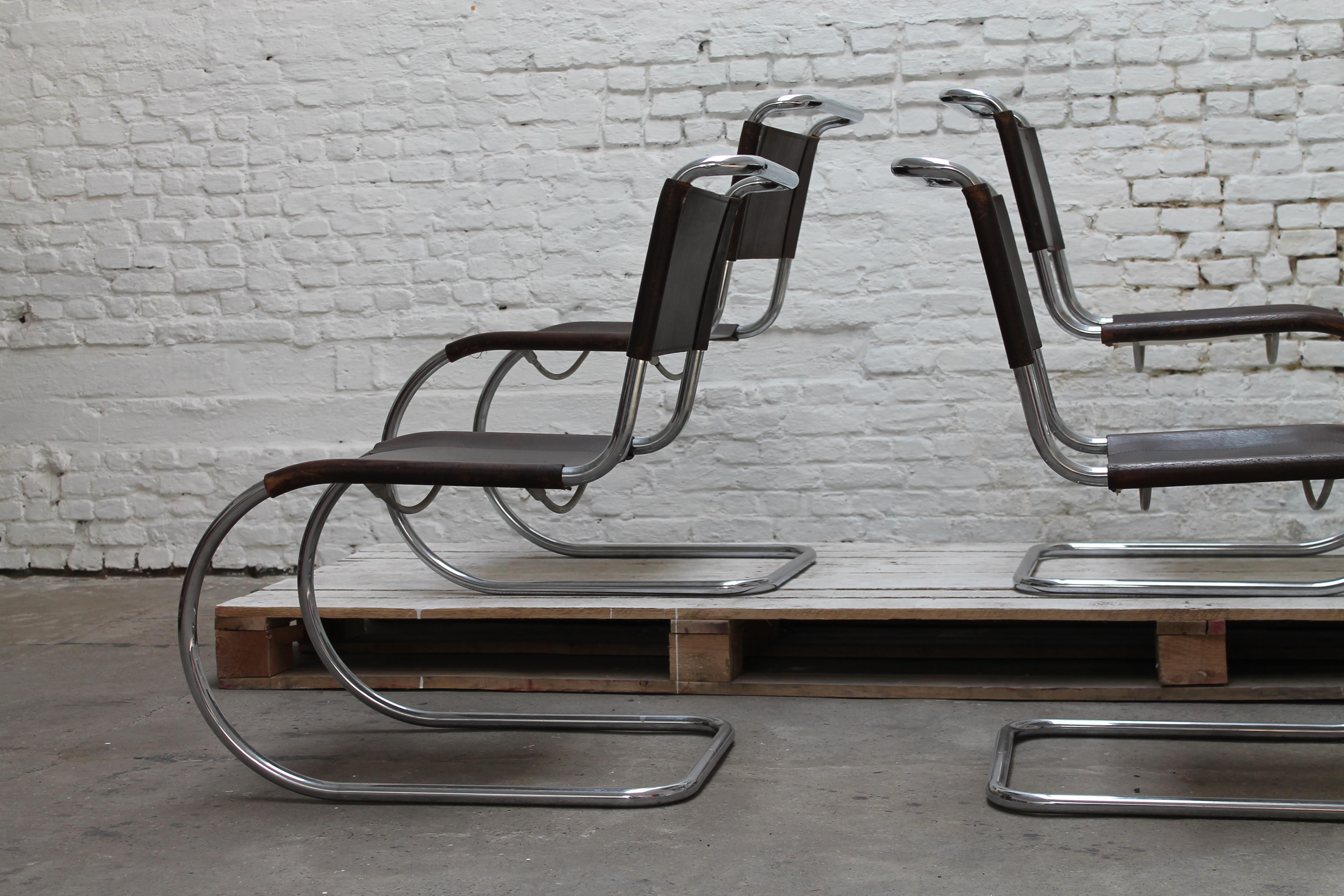Six Mies Van De Rohe MR10 chairs in brown leather by Thonet 1960 1