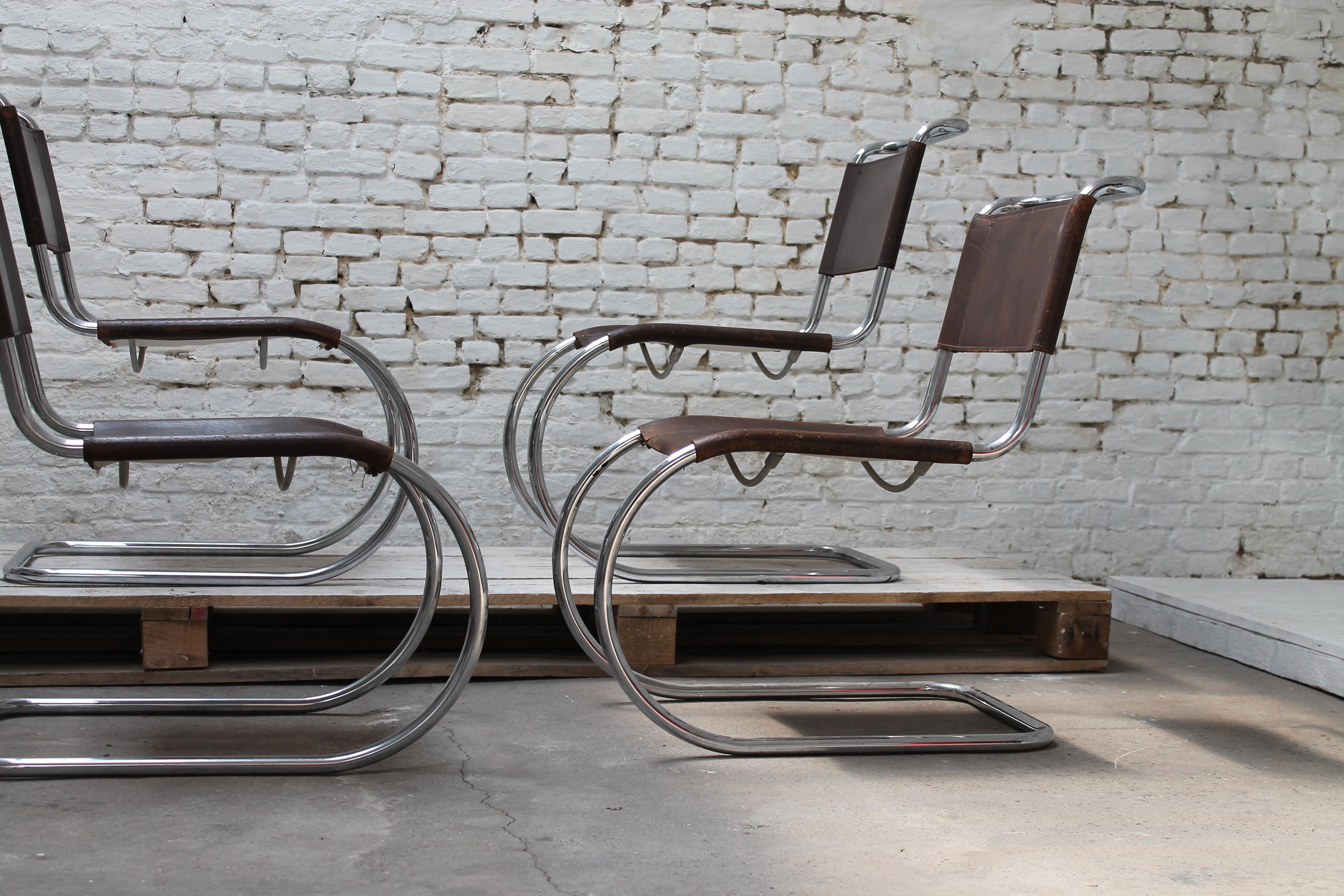 Six Mies Van De Rohe MR10 chairs in brown leather by Thonet 1960 2