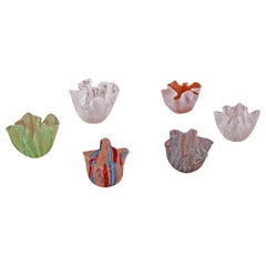 Six Mini Venini Murano Art Glass Zanfirico Fazzoletto Handkerchief Vases