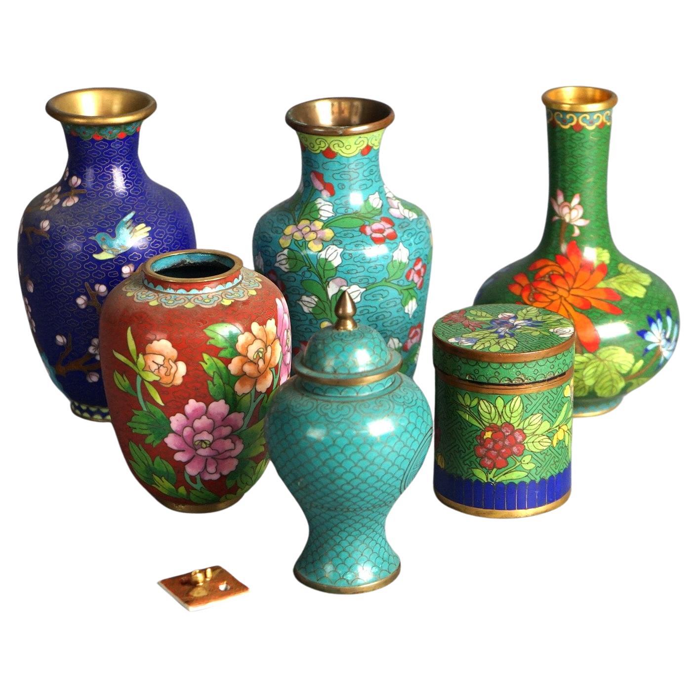 Six Miniature Antique Japanese Meiji Cloisonne Enameled Flower Vases C1920 For Sale