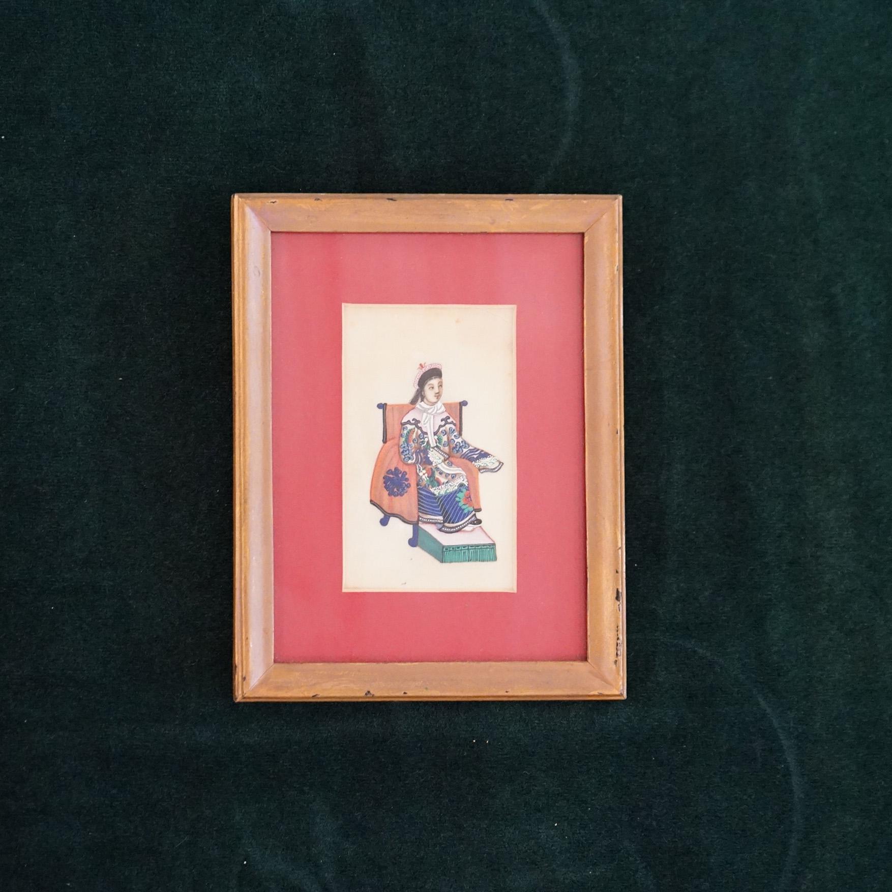 Asian Six Miniature Chinese Figural Paintings on Silk, Framed, 20thC For Sale