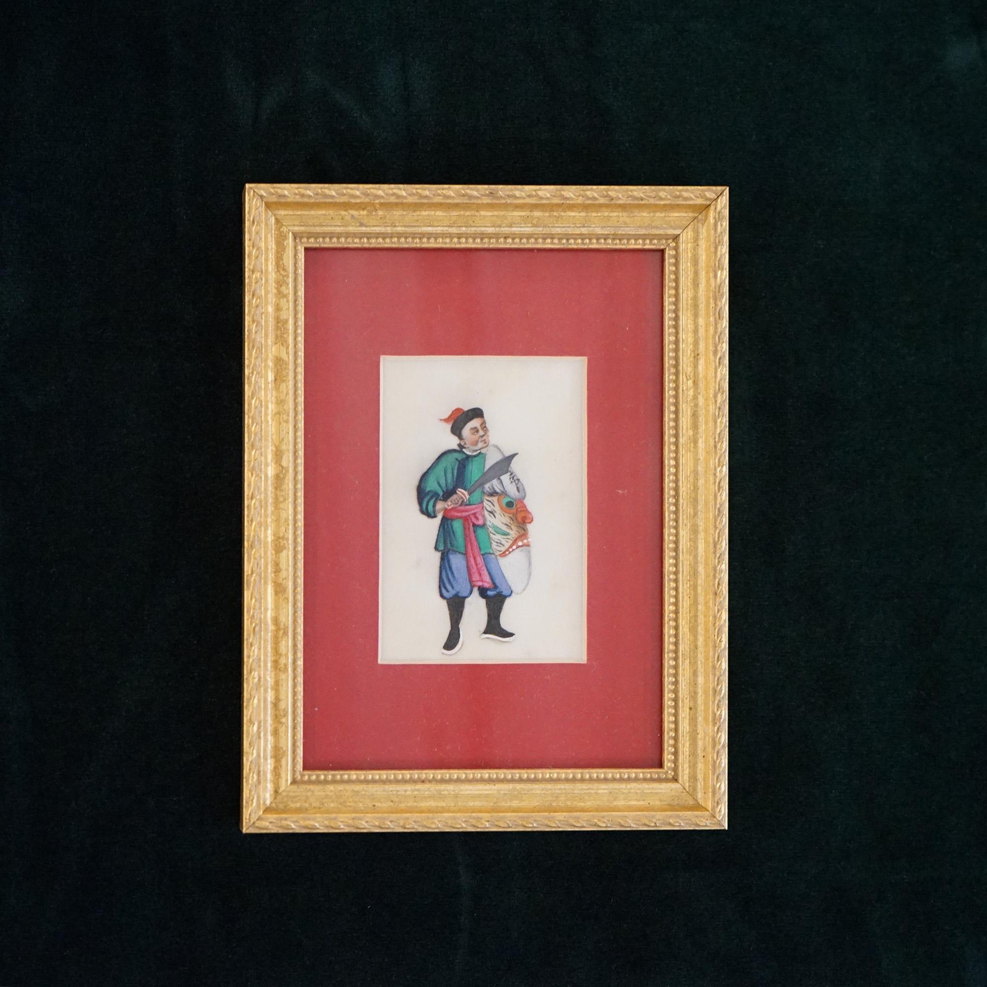 Hand-Painted Six Miniature Chinese Figural Paintings on Silk, Framed, 20thC For Sale