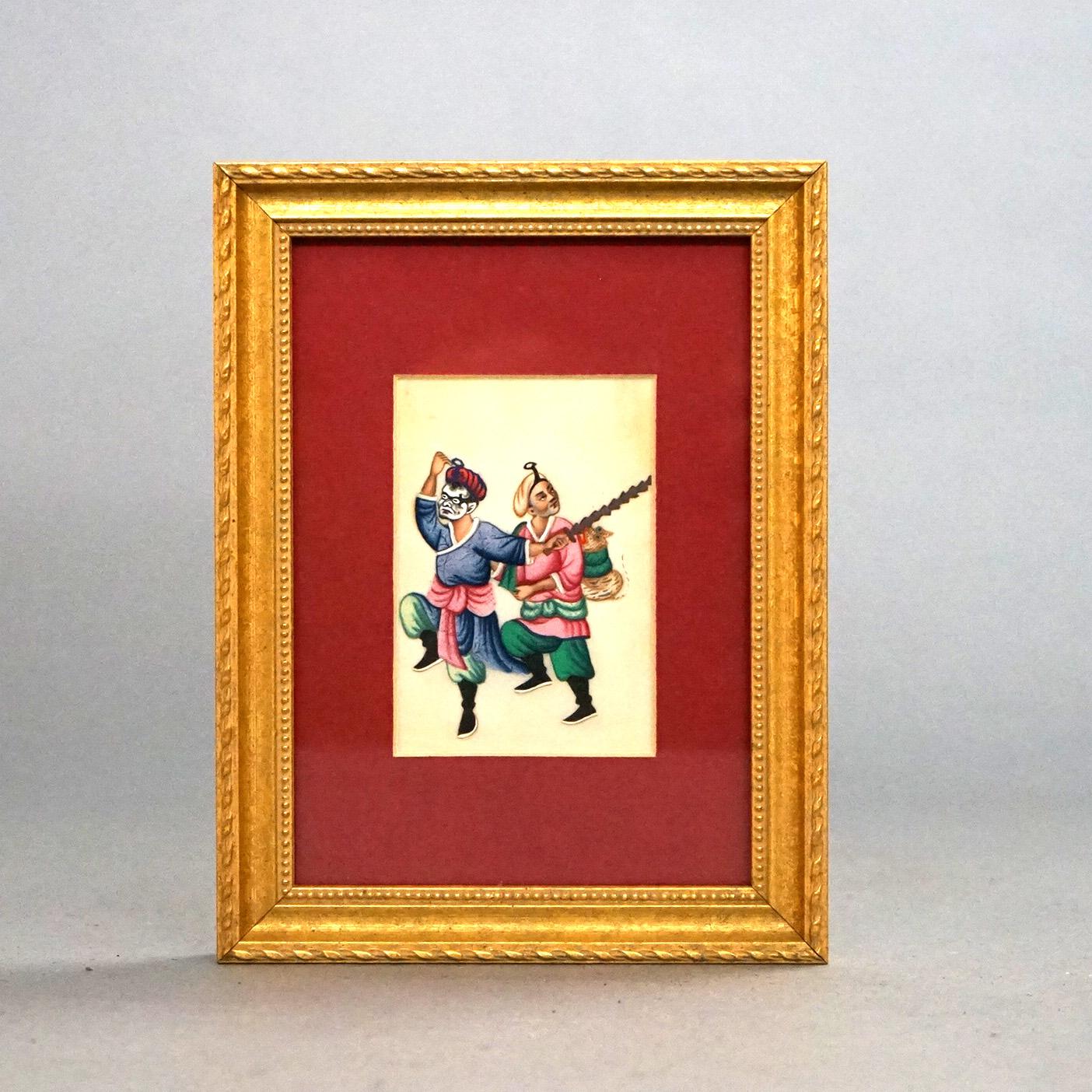 20th Century Six Miniature Chinese Figural Paintings on Silk, Framed, 20thC For Sale