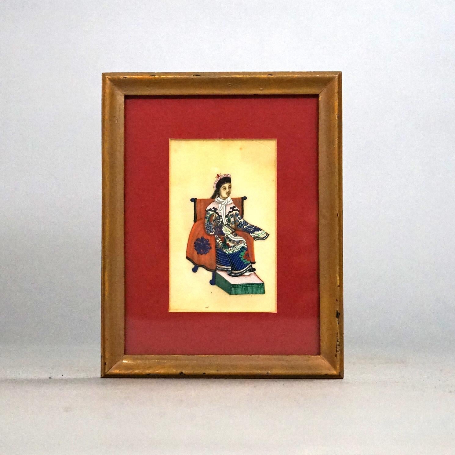 Sechs chinesische Miniatur-Figurengemälde auf Seide, gerahmt, 20. (Farbe) im Angebot