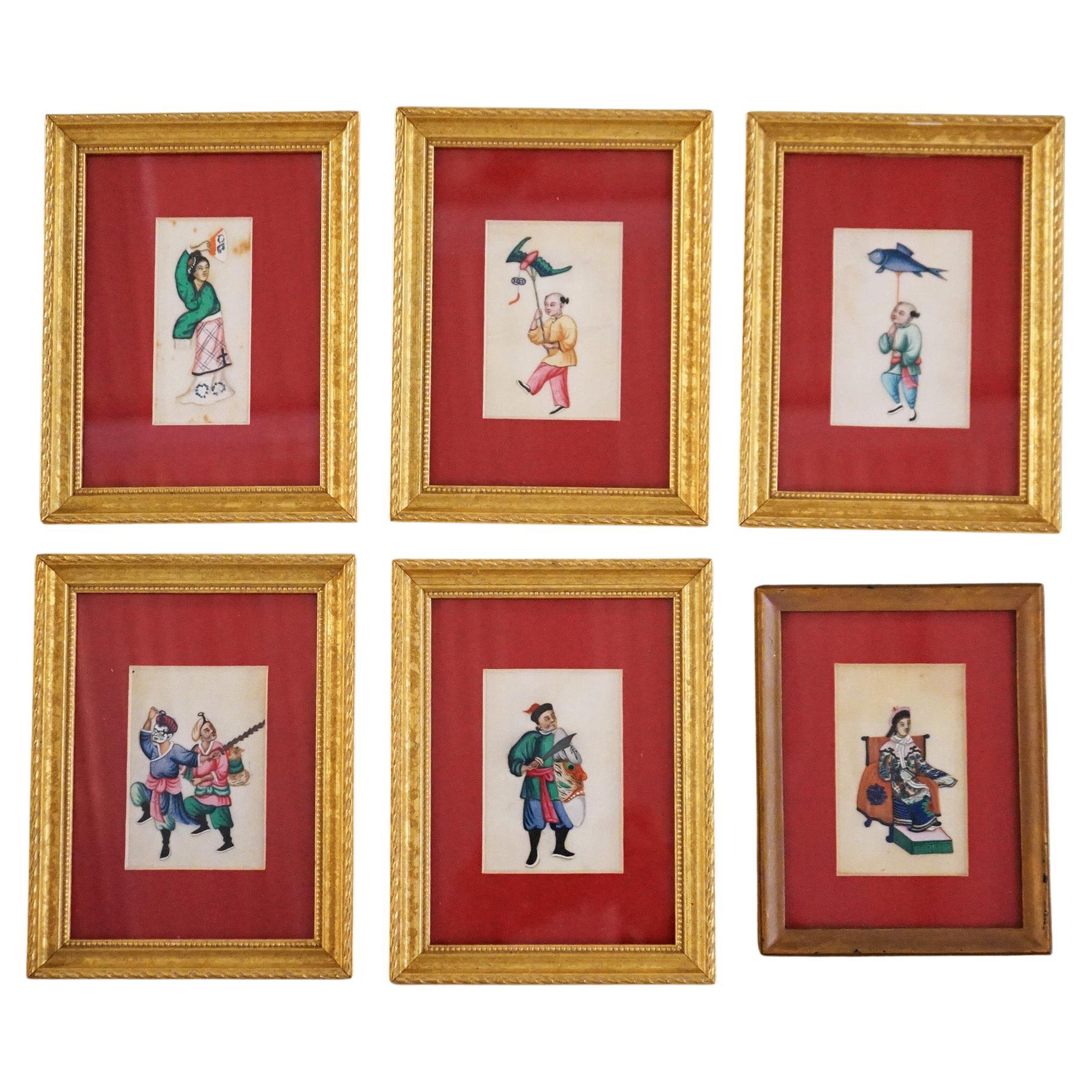 Six Miniature Chinese Figural Paintings on Silk, Framed, 20thC For Sale