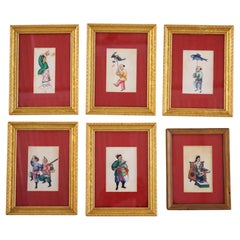 Six peintures figuratives chinoises miniatures sur soie, encadrées, 20e siècle