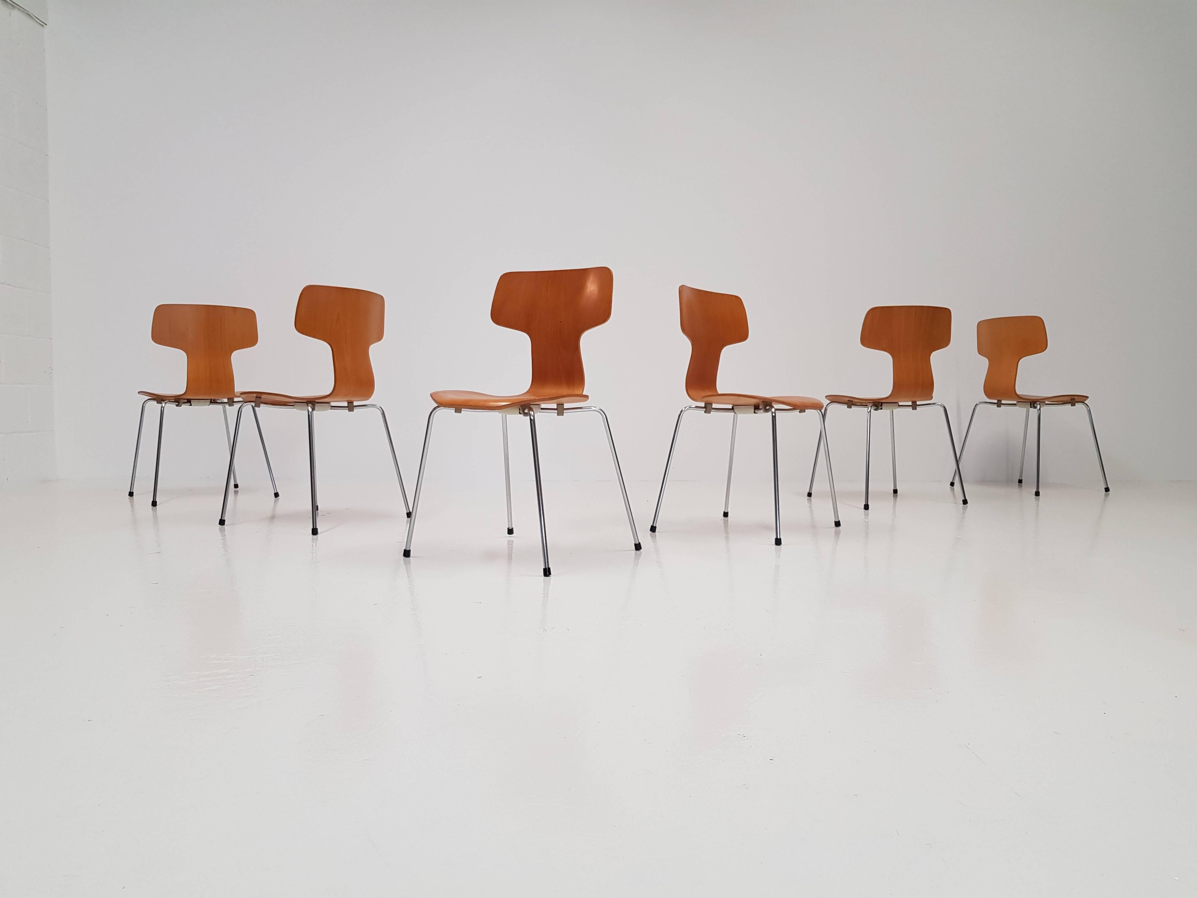 Scandinavian Modern Six Model 3103 Beech Hammer/T Chairs by Arne Jacobsen for Fritz Hansen