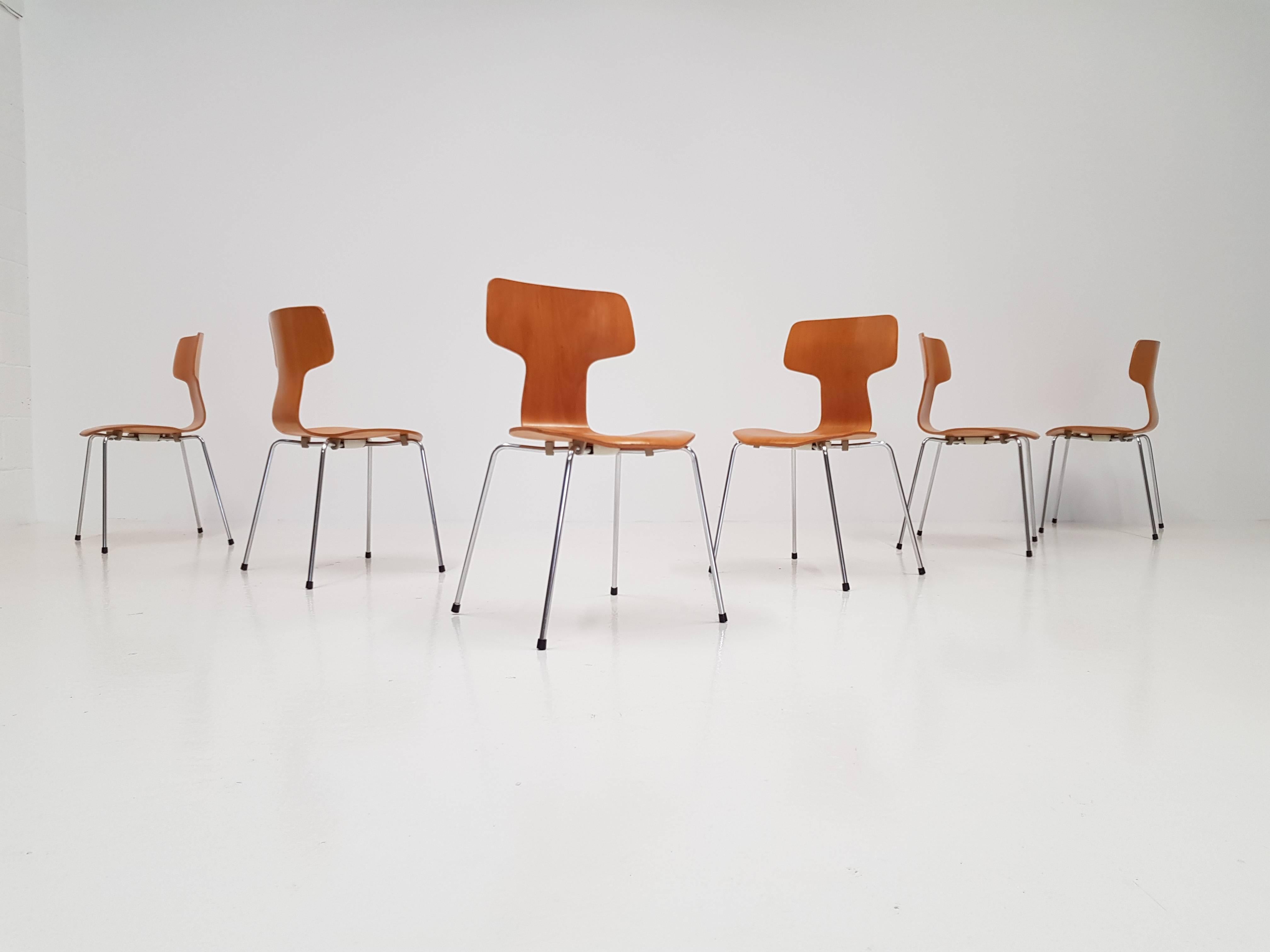 Danish Six Model 3103 Beech Hammer/T Chairs by Arne Jacobsen for Fritz Hansen