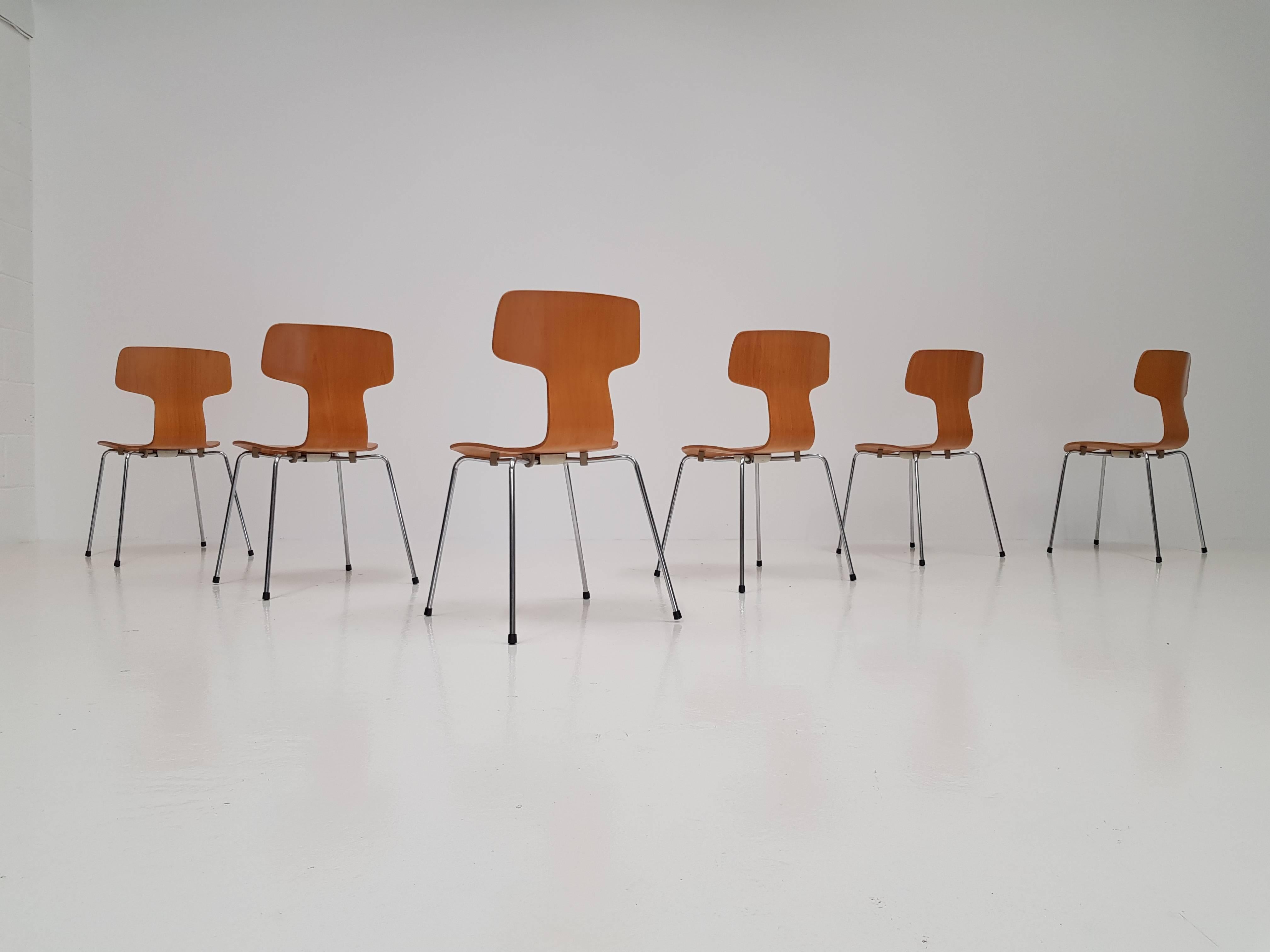 Veneer Six Model 3103 Beech Hammer/T Chairs by Arne Jacobsen for Fritz Hansen