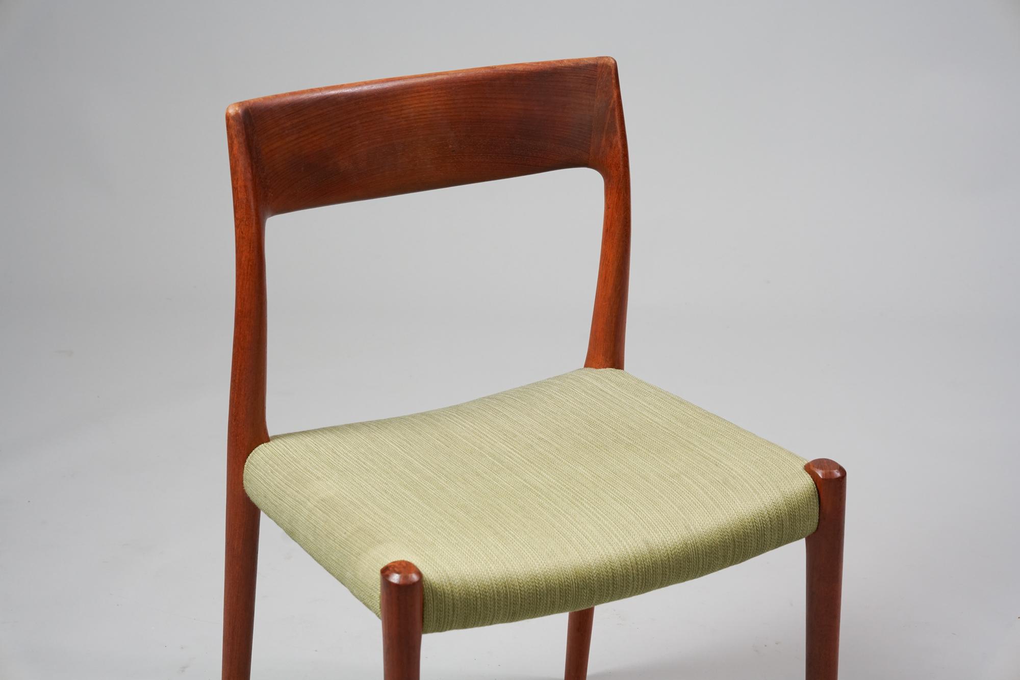 Set of six model 77 dining room chairs designed by Niels O. Møller from the 1960s. Teak frame with fabric upholstery, Good vintage condition, minor patina and wear consistent with age and use. The chairs are sold as a set. 

Born in Århus in 1920,