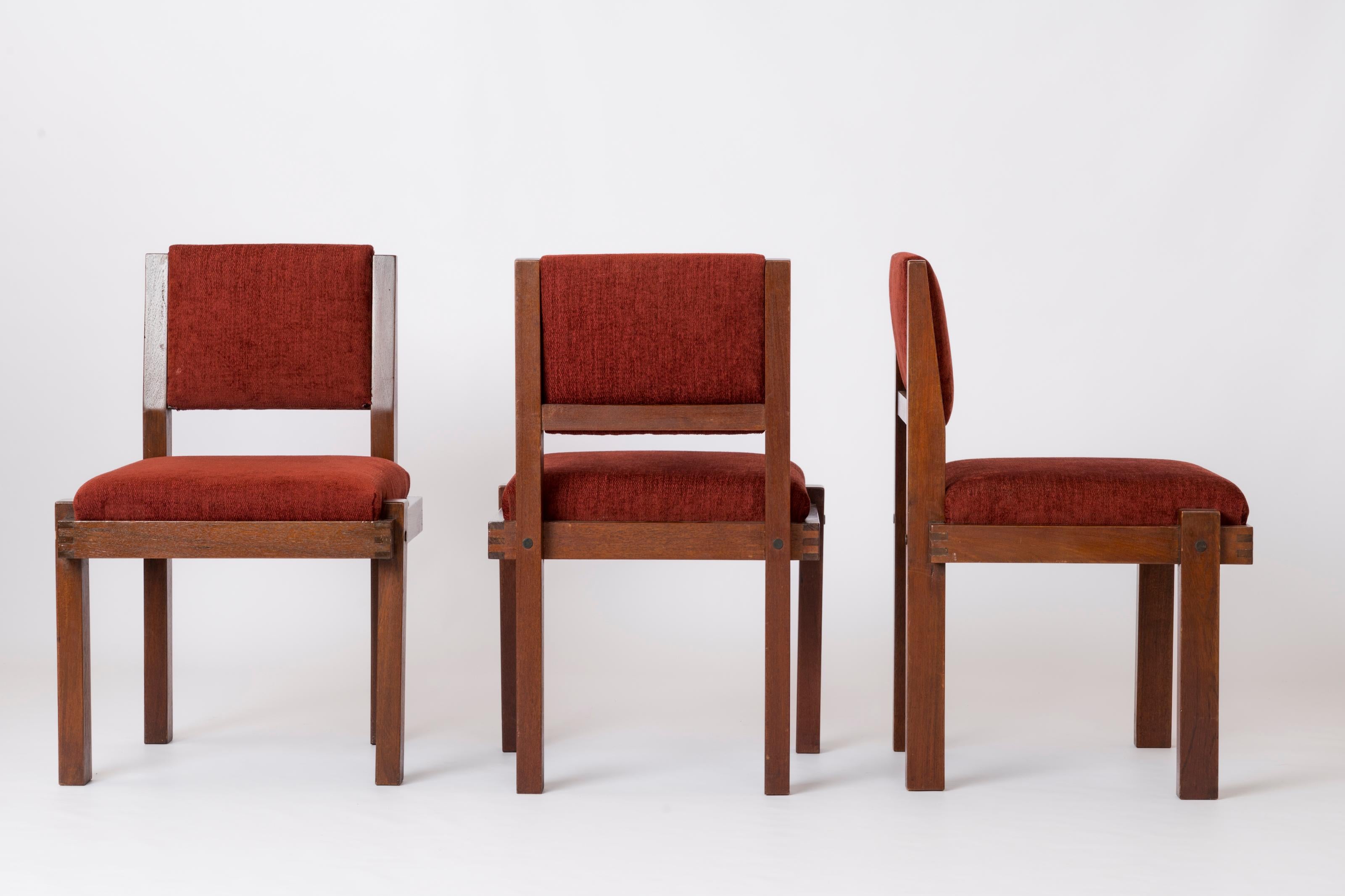 French Six Modernist Solid Mahogany and Bordeaux Upholstery Chairs - France 1970's For Sale