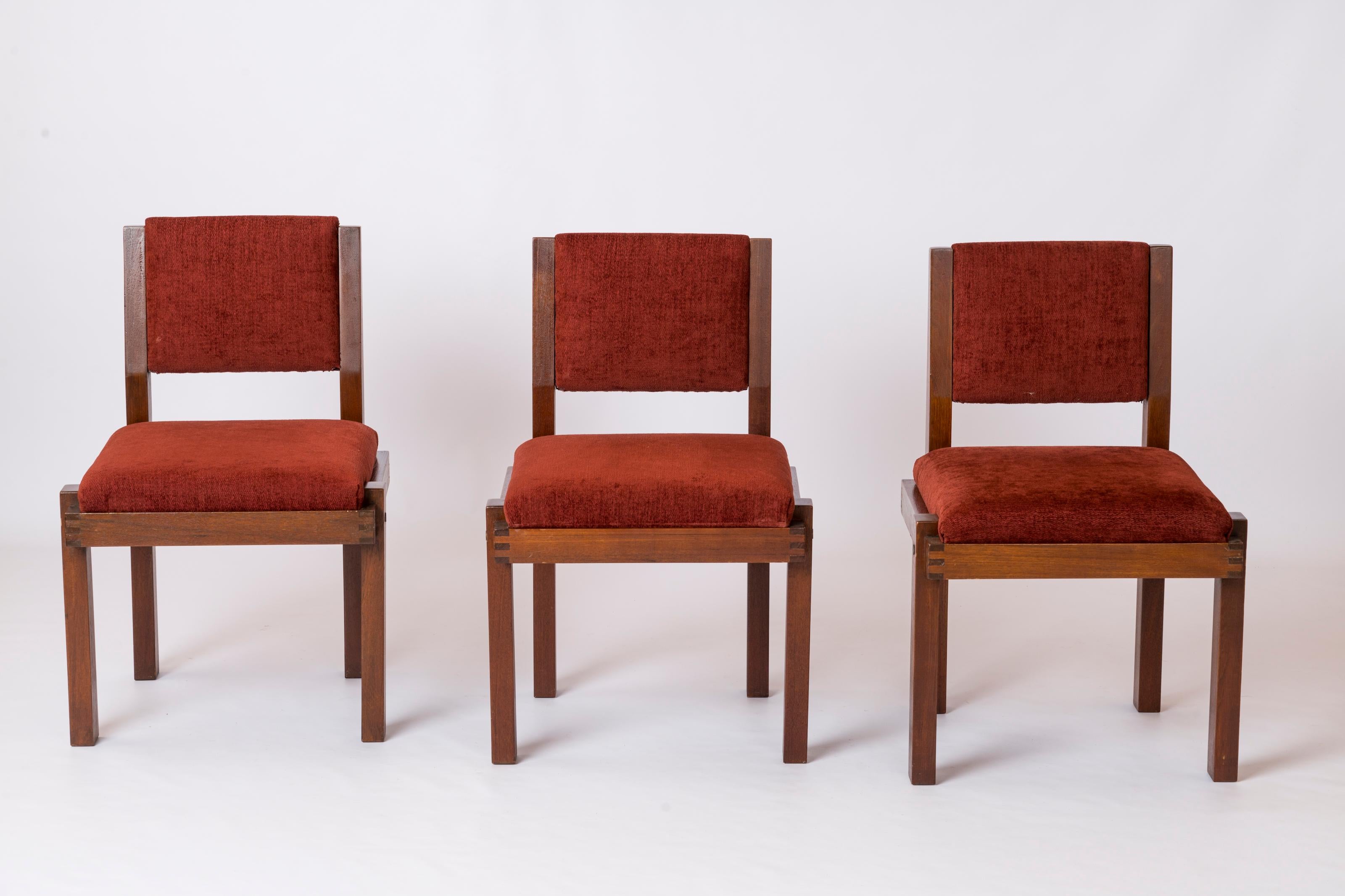 Late 20th Century Six Modernist Solid Mahogany and Bordeaux Upholstery Chairs - France 1970's For Sale