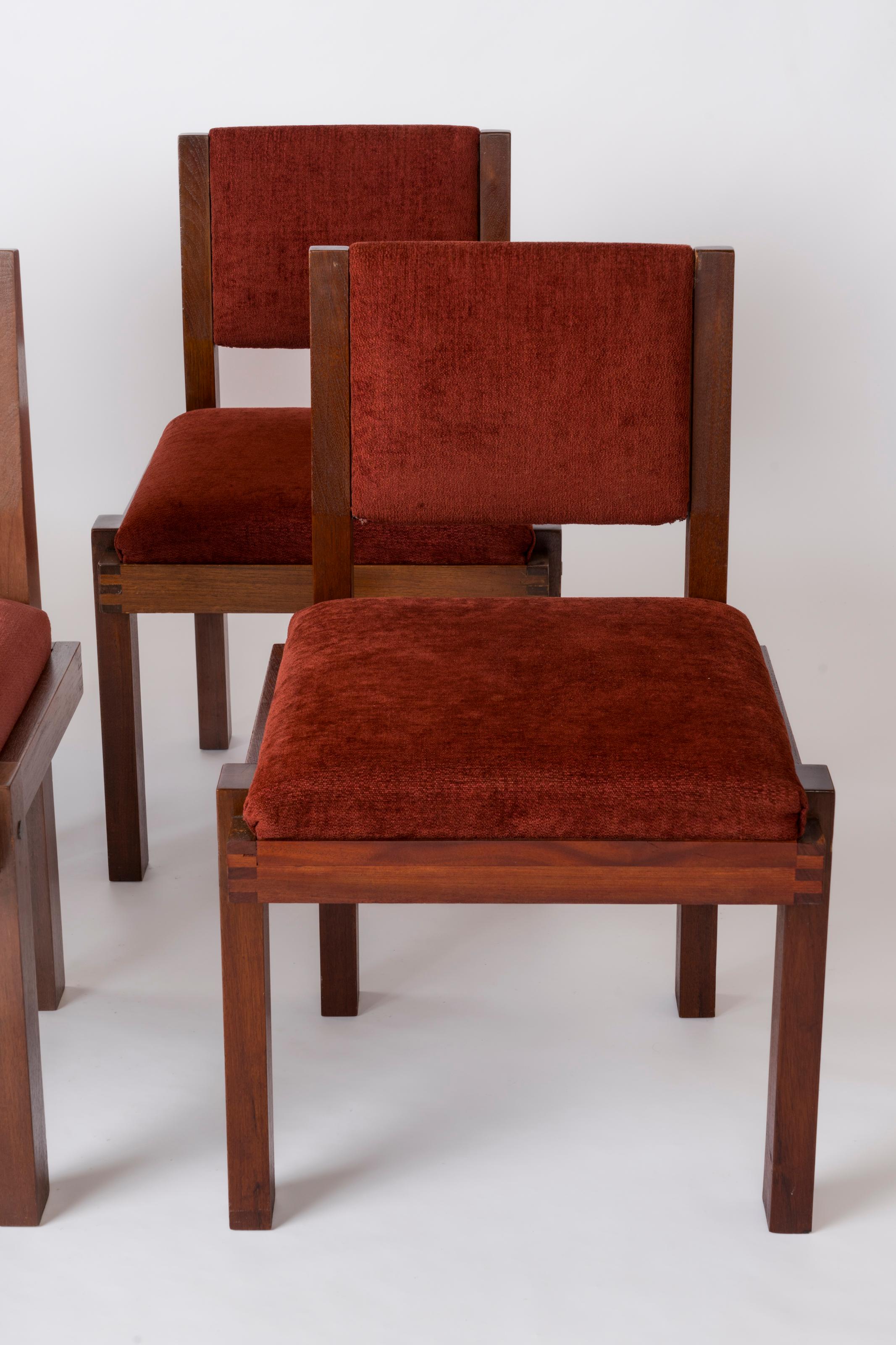 Six Modernist Solid Mahogany and Bordeaux Upholstery Chairs - France 1970's For Sale 2