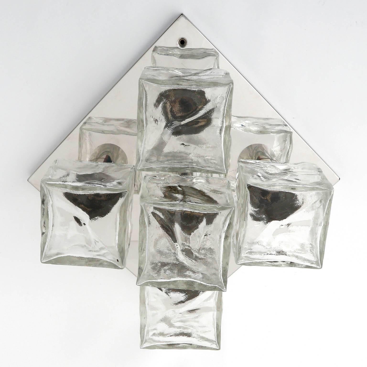Glass Six Modulare Square Kalmar 'Cubus' Flush Mount Lights or Sconces, Austria, 1970s For Sale
