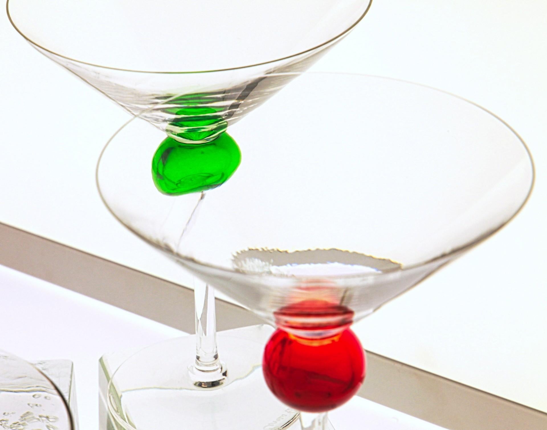 Six Murano Martini Glass, Clear with Cobalt, Red and Green Sphere, Cenedese 1