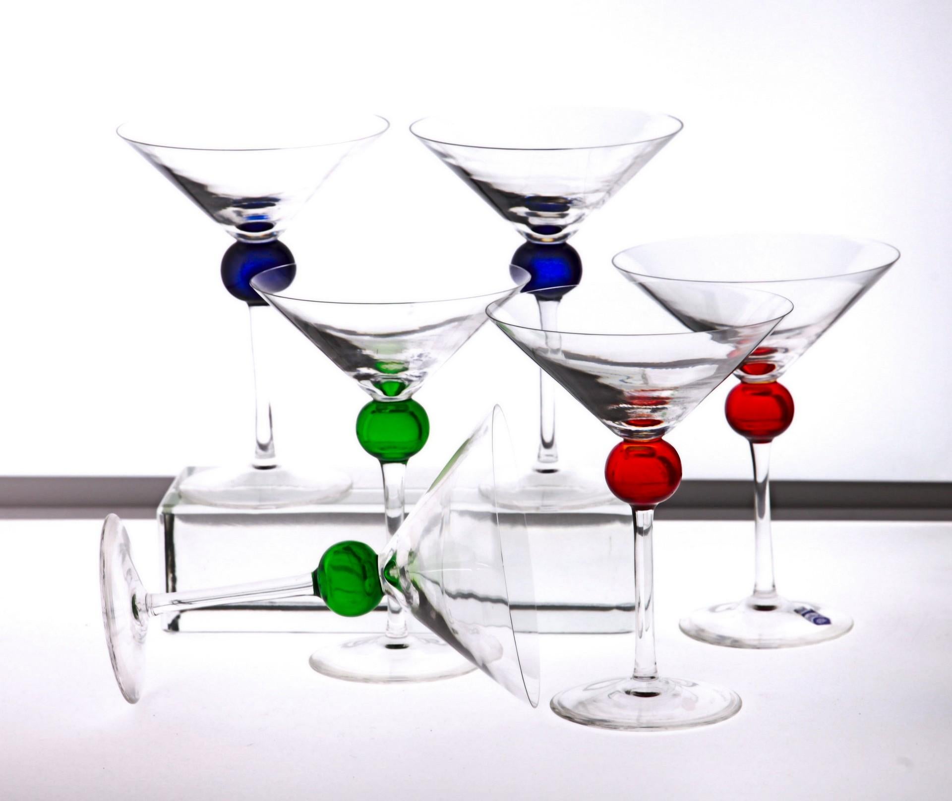Six Murano Martini Glass, Clear with Cobalt, Red and Green Sphere, Cenedese 2