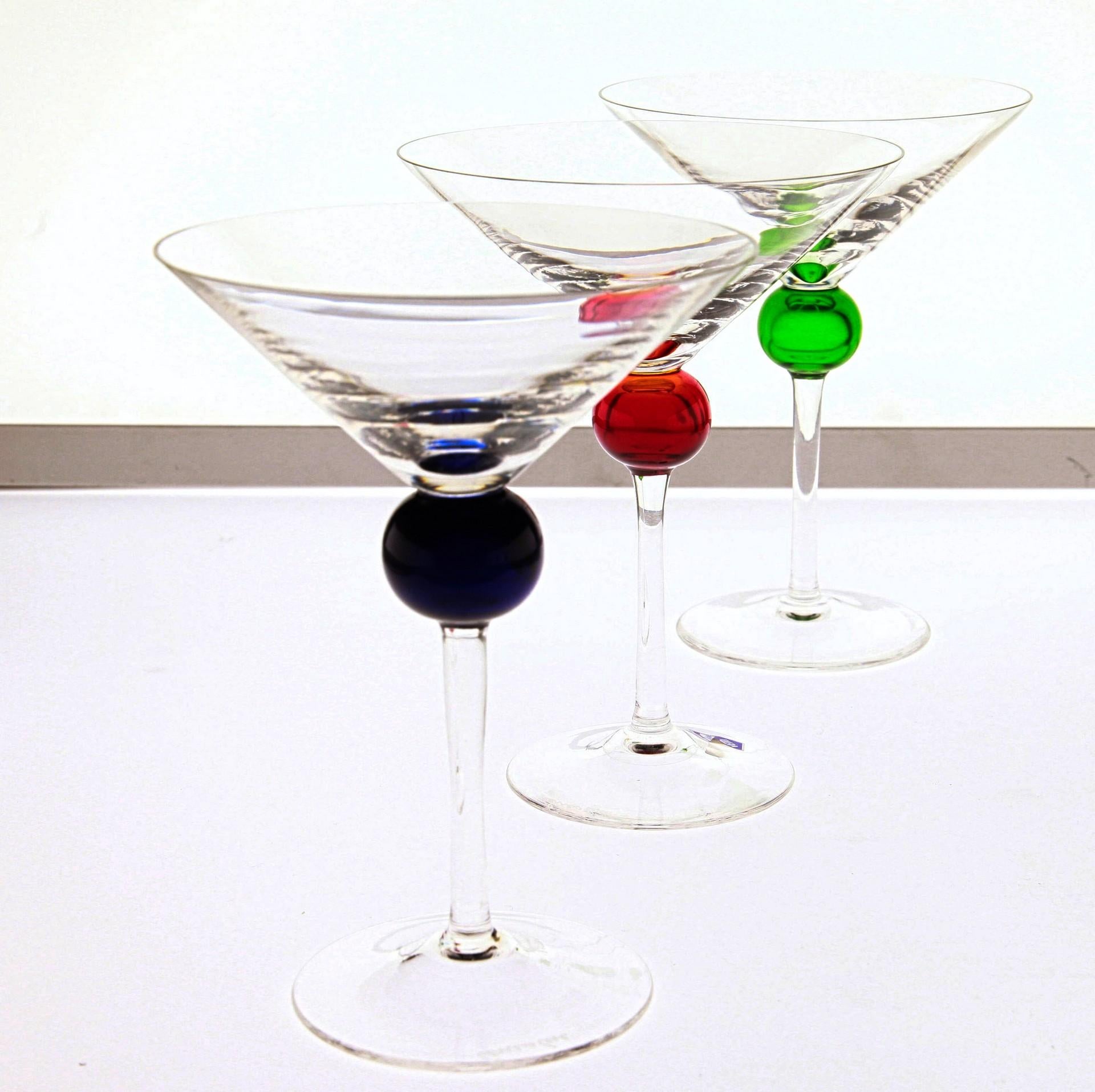Six Murano Martini Glass, Clear with Cobalt, Red and Green Sphere, Cenedese 3