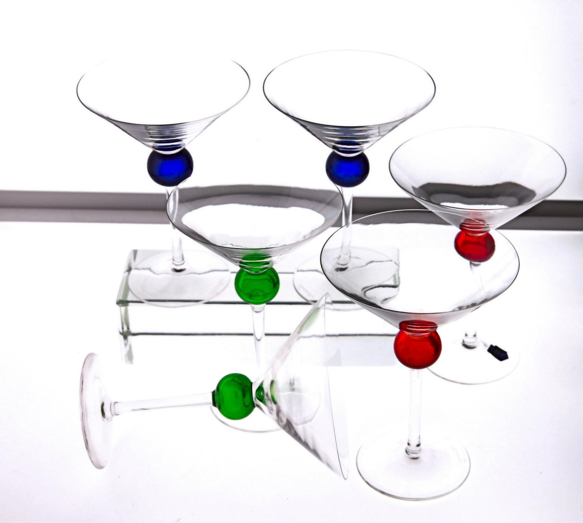 Six Murano Martini Glass, Clear with Cobalt, Red and Green Sphere, Cenedese 4