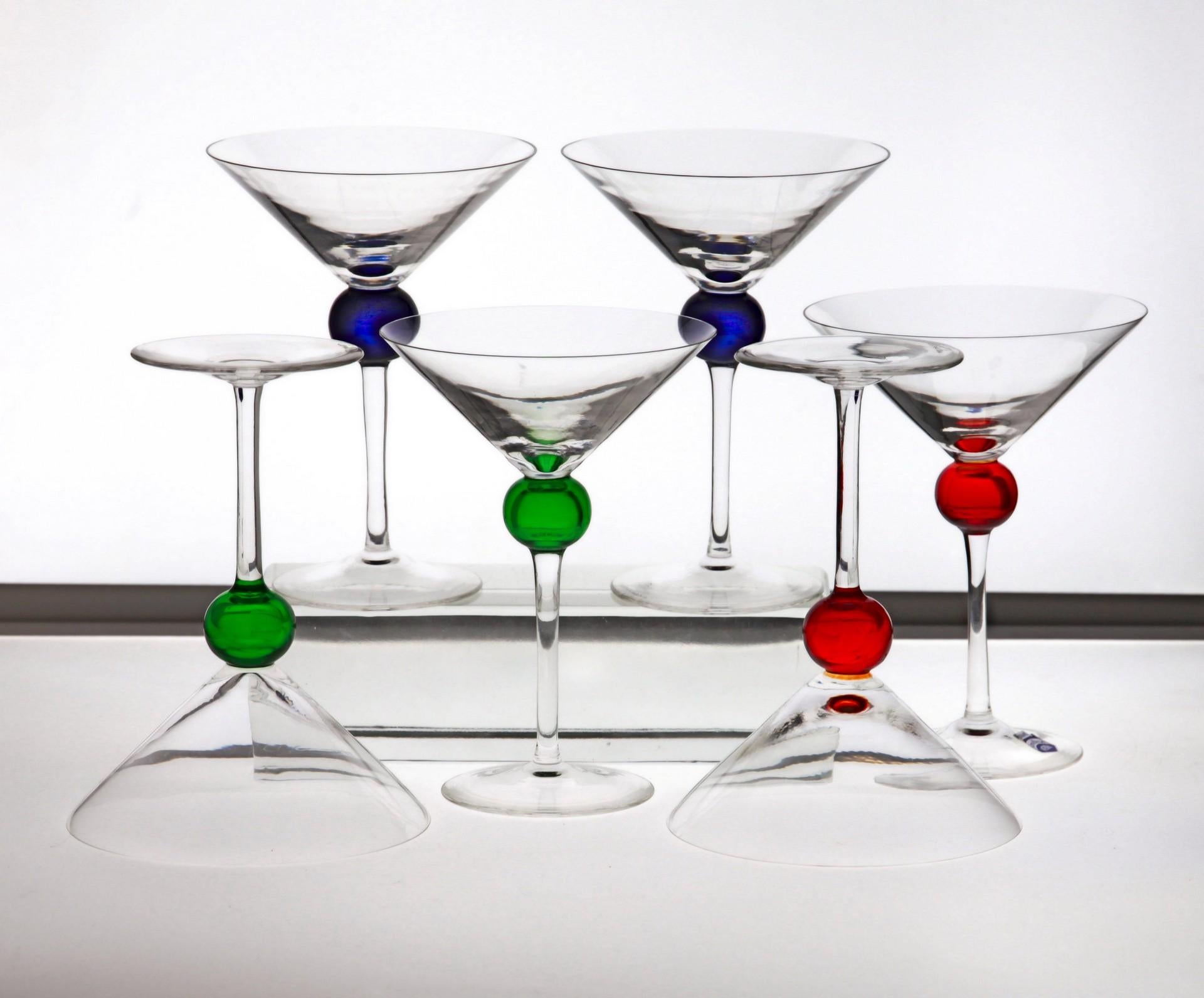 Six Murano Martini Glass, Clear with Cobalt, Red and Green Sphere, Cenedese 5